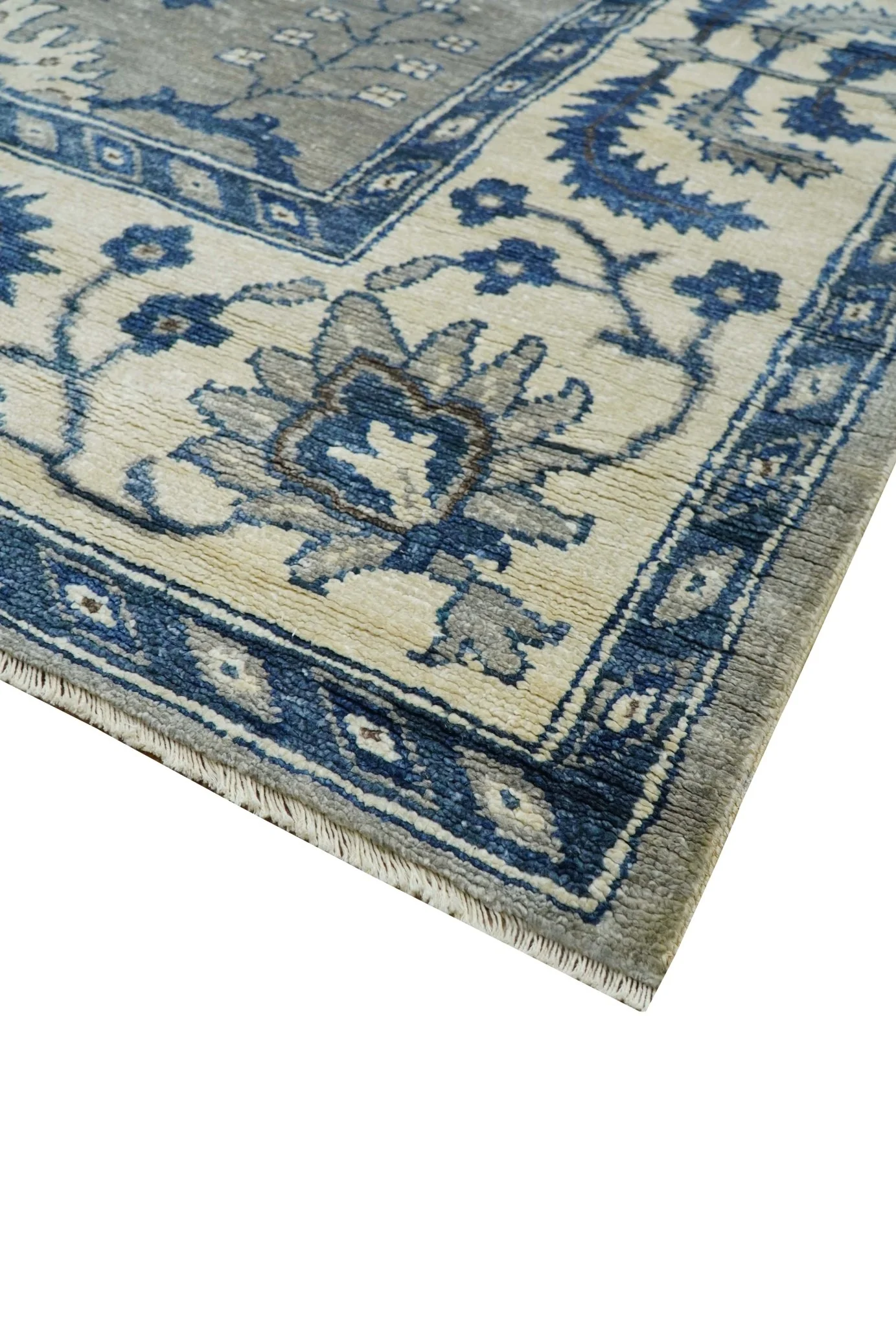 Traditional Oriental Gray And Blue Hand knotted Art Silk Area Rug - Image 4