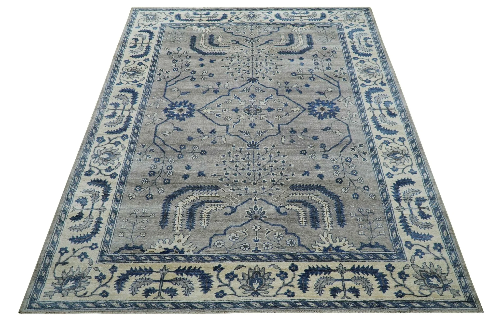 Traditional Oriental Gray And Blue Hand knotted Art Silk Area Rug - Image 9
