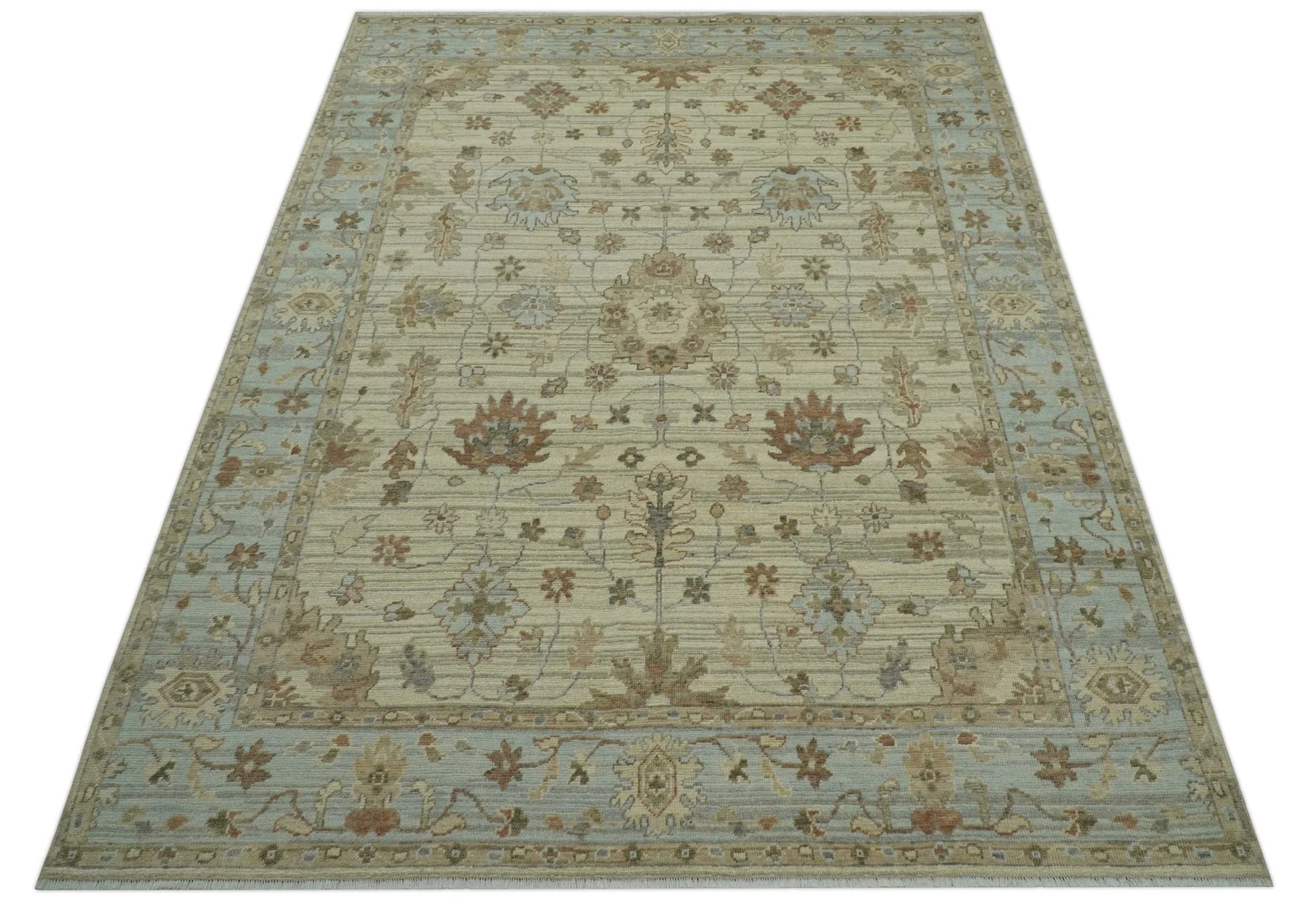 Traditional Oushak  Beige, Brown And Blue Hand Knotted Custom Made Wool rug - Image 12