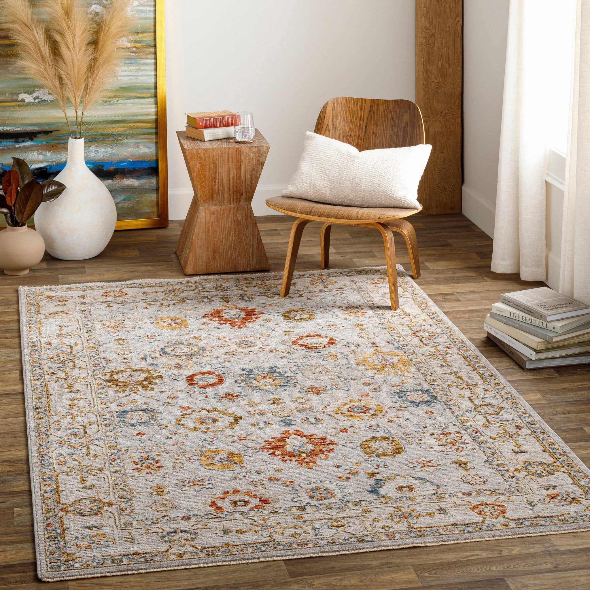 Traditional Oushak Cream Machine Woven Rug - Image 13
