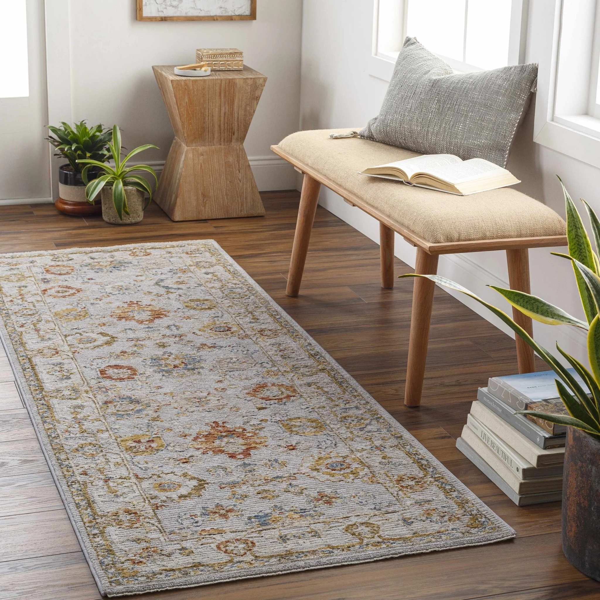 Traditional Oushak Cream Machine Woven Rug - Image 16