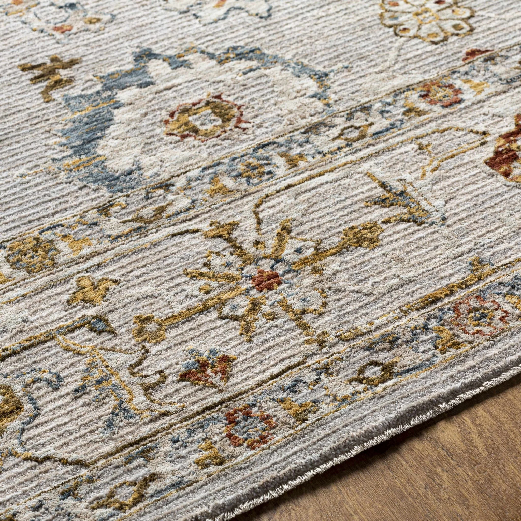 Traditional Oushak Cream Machine Woven Rug - Image 2