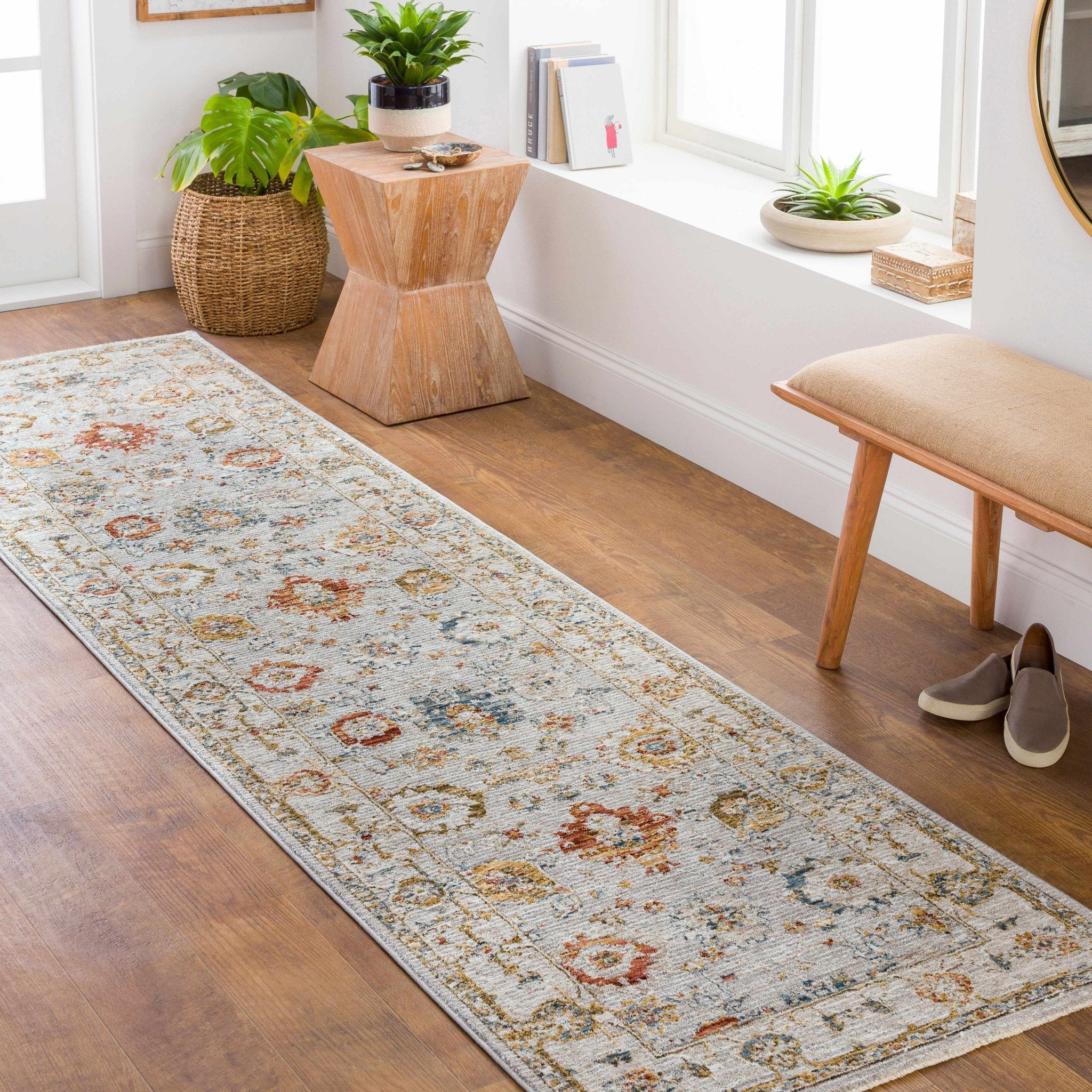 Traditional Oushak Cream Machine Woven Rug - Image 3