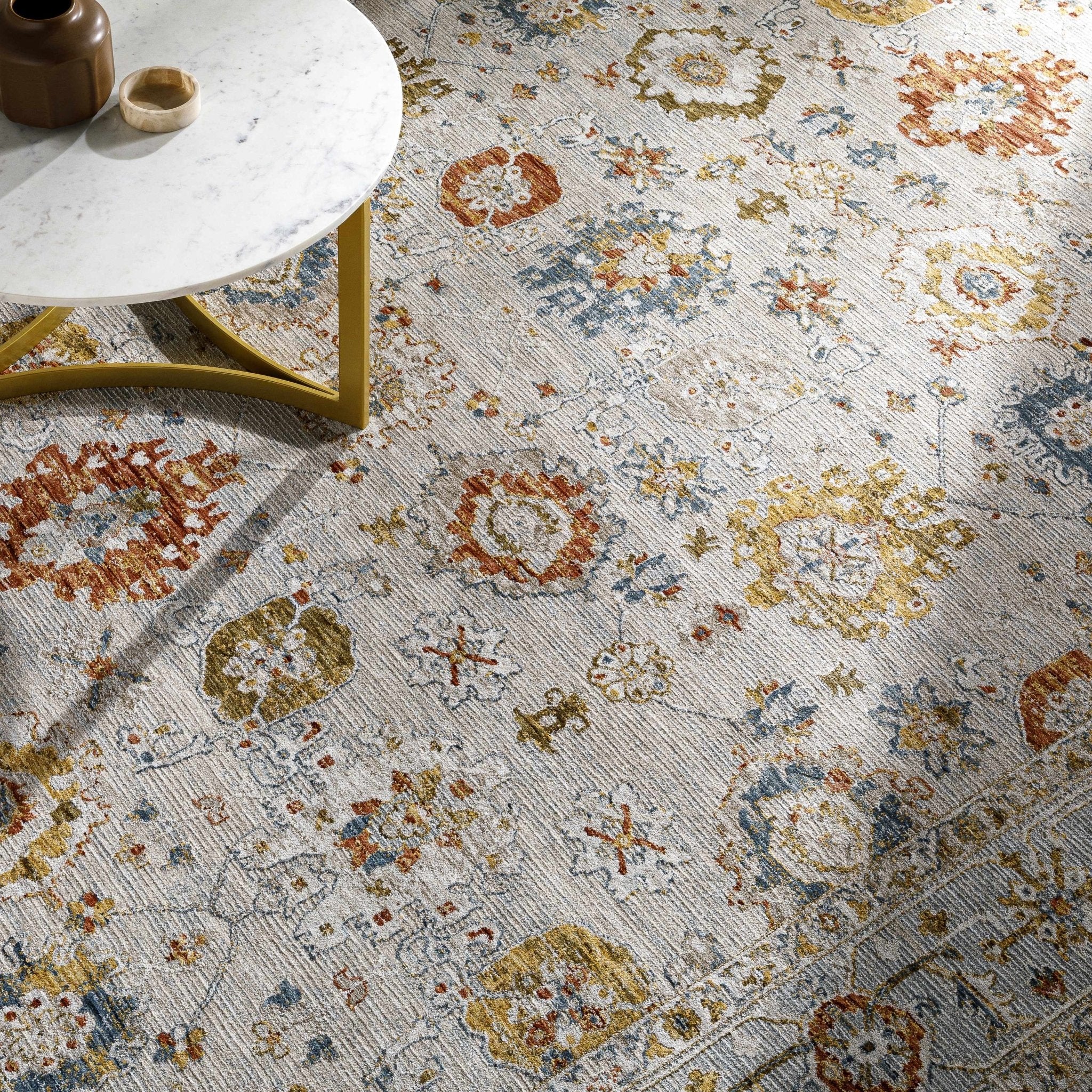 Traditional Oushak Cream Machine Woven Rug - Image 4
