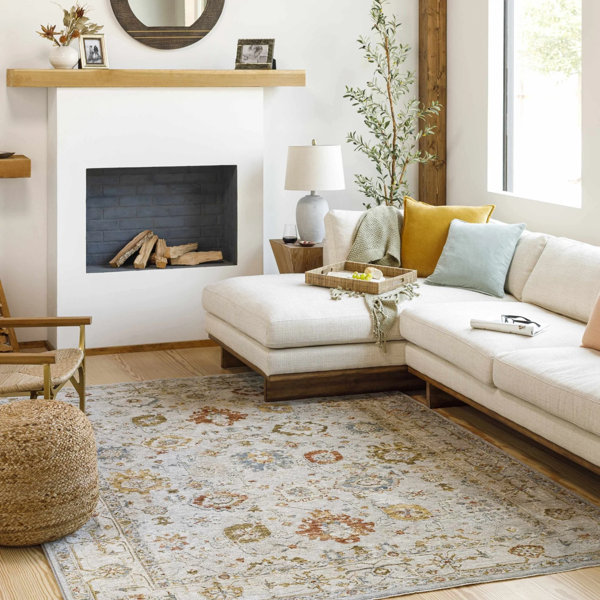 Traditional Oushak Cream Machine Woven Rug - Image 5