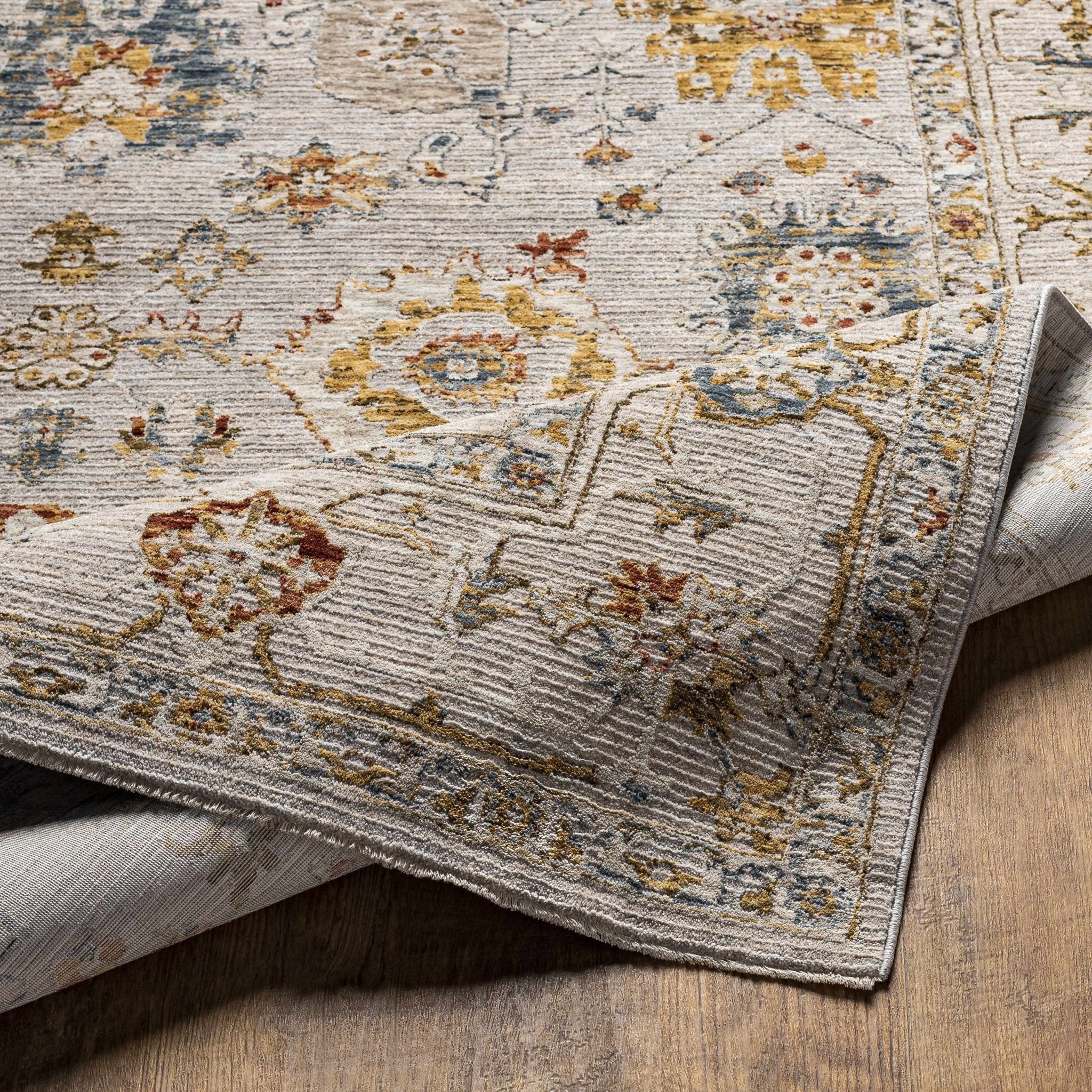 Traditional Oushak Cream Machine Woven Rug - Image 6