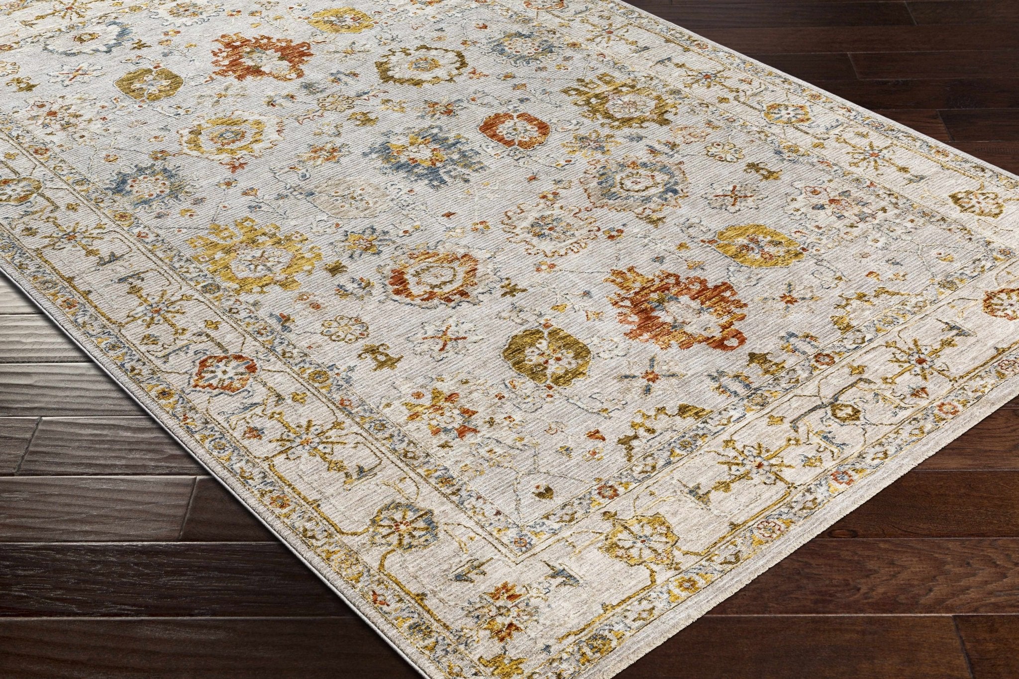 Traditional Oushak Cream Machine Woven Rug - Image 9