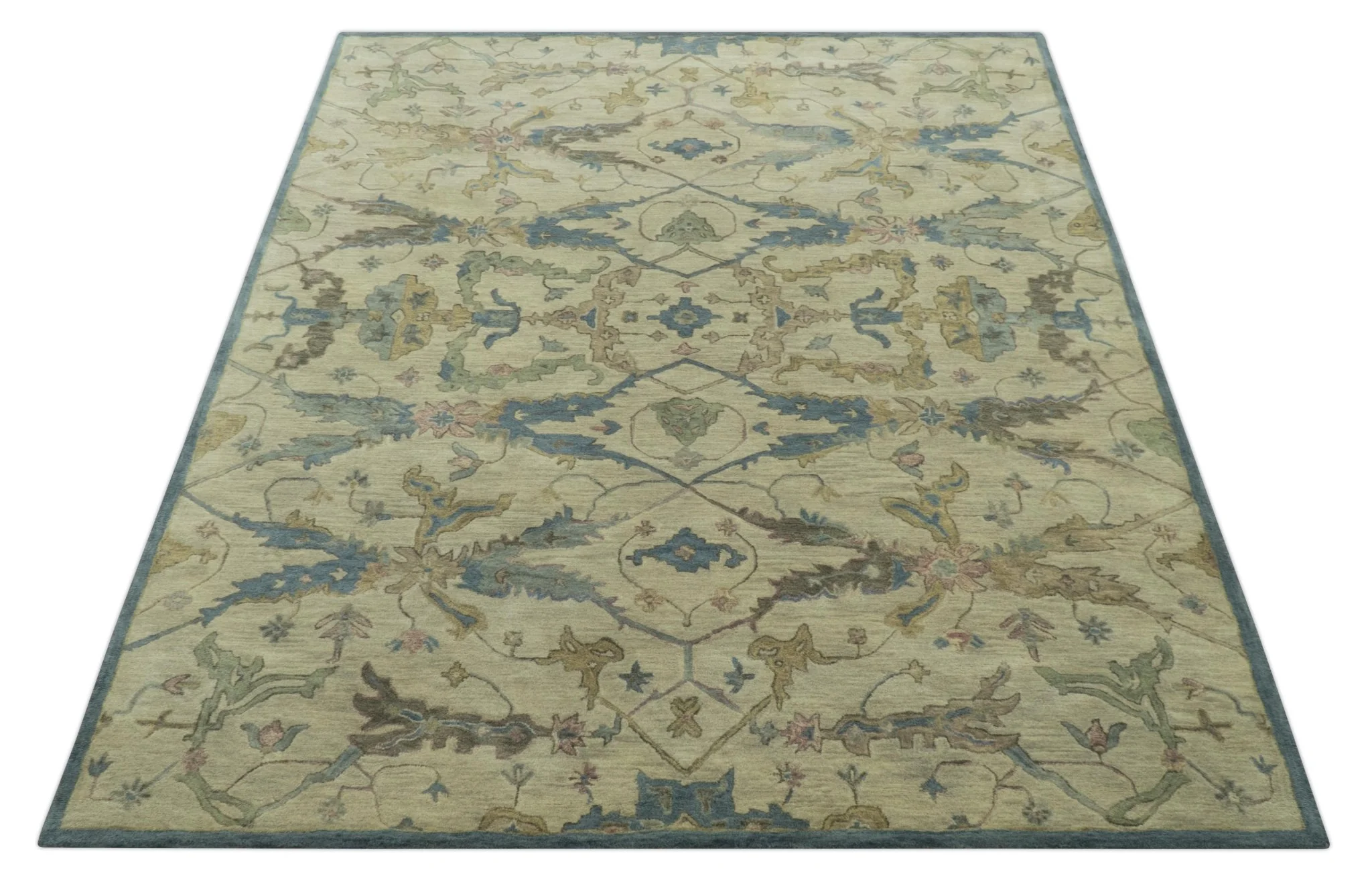 Traditional Oushak Design Beige And Blue Hand Tufted 8x10 Wool Area Rug - Image 10