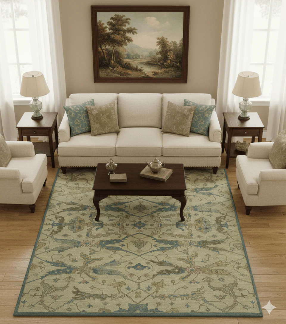 Traditional Oushak Design Beige And Blue Hand Tufted 8x10 Wool Area Rug - Image 2