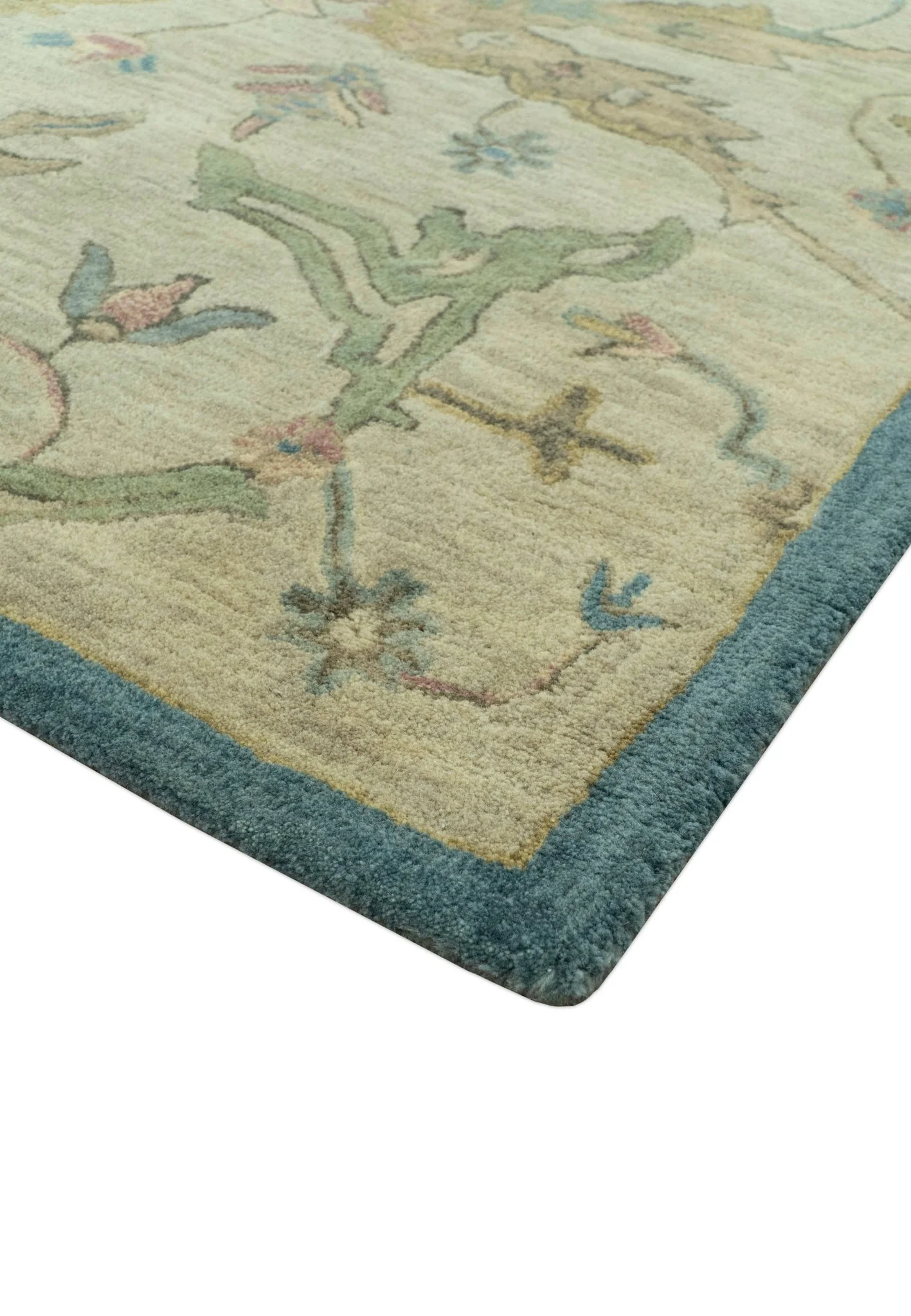 Traditional Oushak Design Beige And Blue Hand Tufted 8x10 Wool Area Rug - Image 3