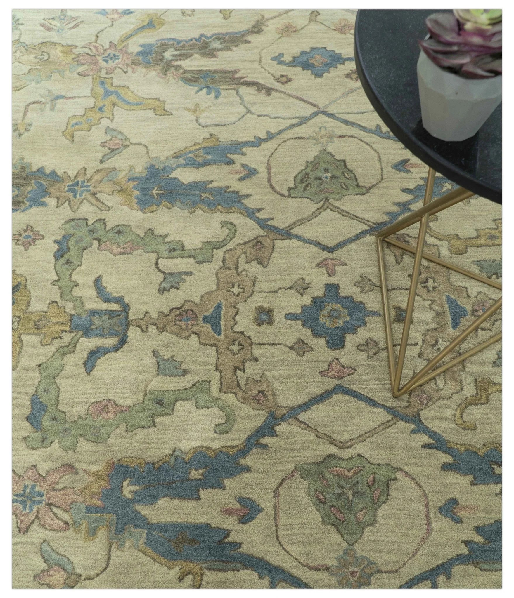 Traditional Oushak Design Beige And Blue Hand Tufted 8x10 Wool Area Rug - Image 8