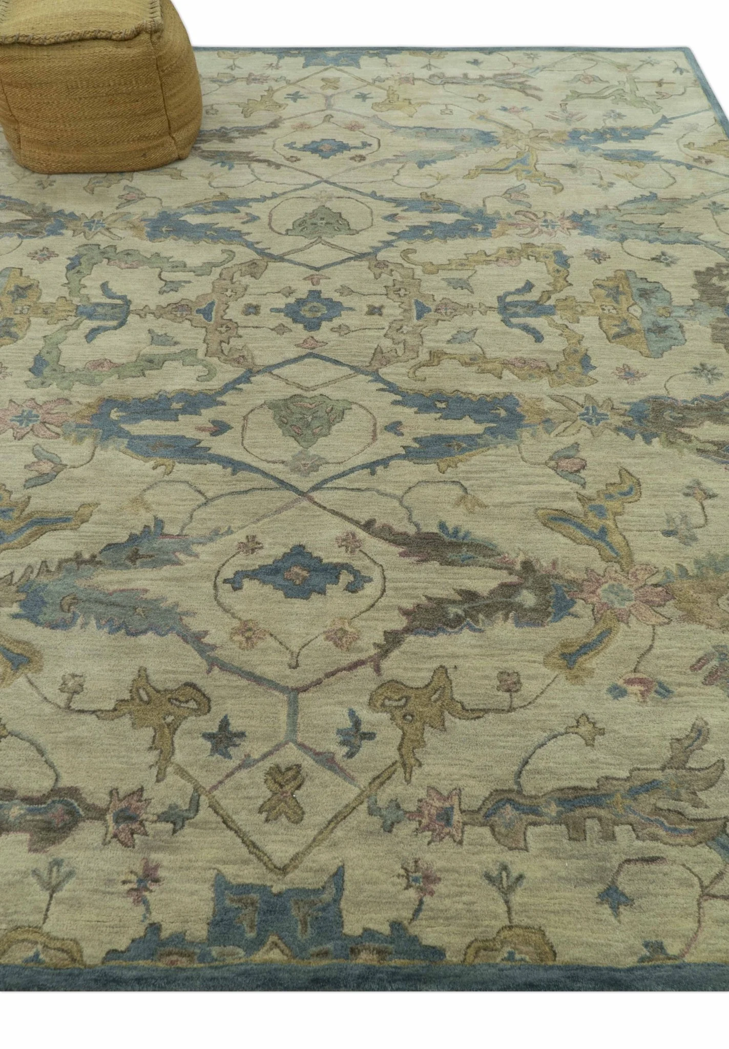 Traditional Oushak Design Beige And Blue Hand Tufted 8x10 Wool Area Rug - Image 9