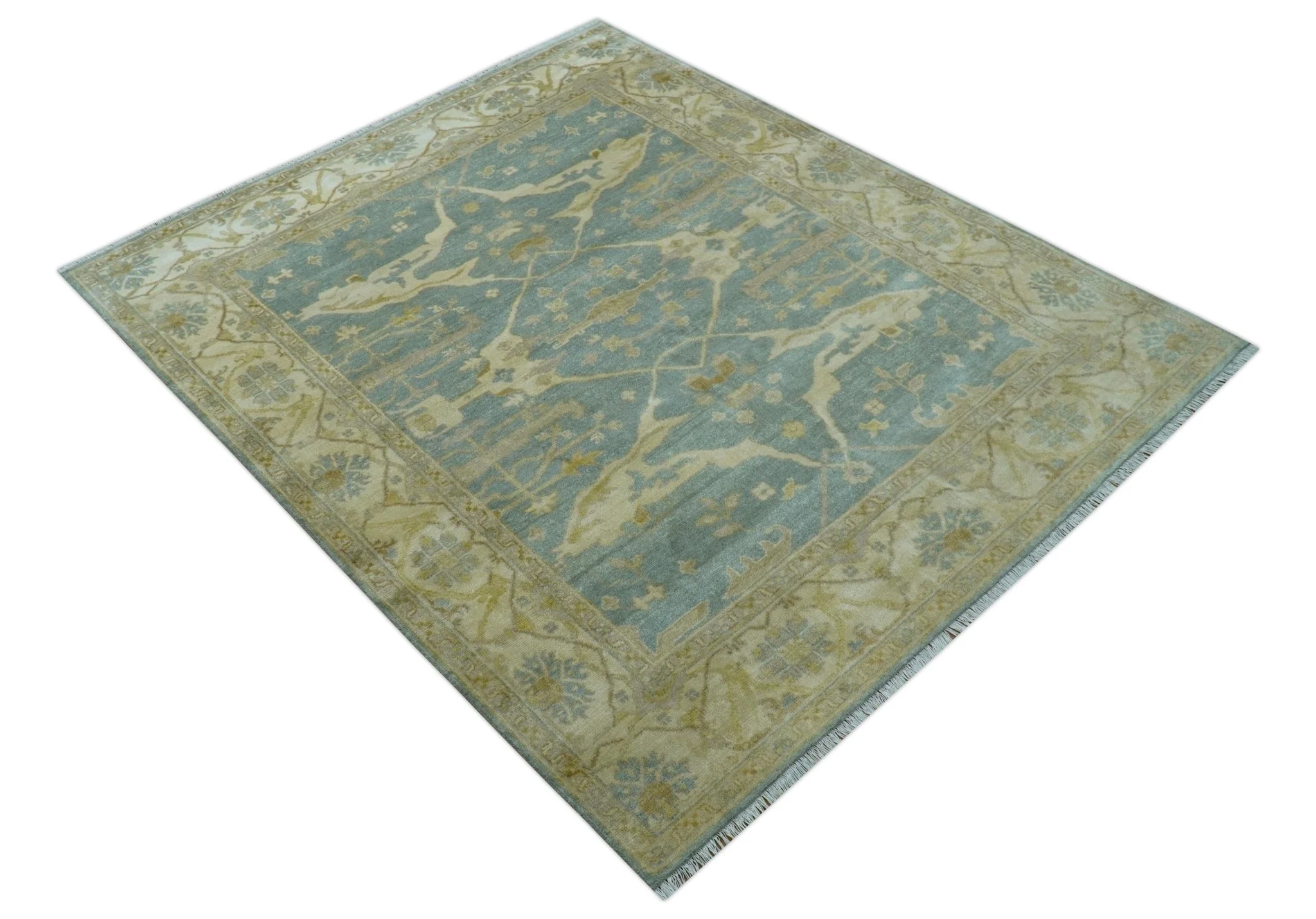Traditional Oushak Design Blue And Beige Hand Knotted 8x10 Wool Area Rug - Image 10