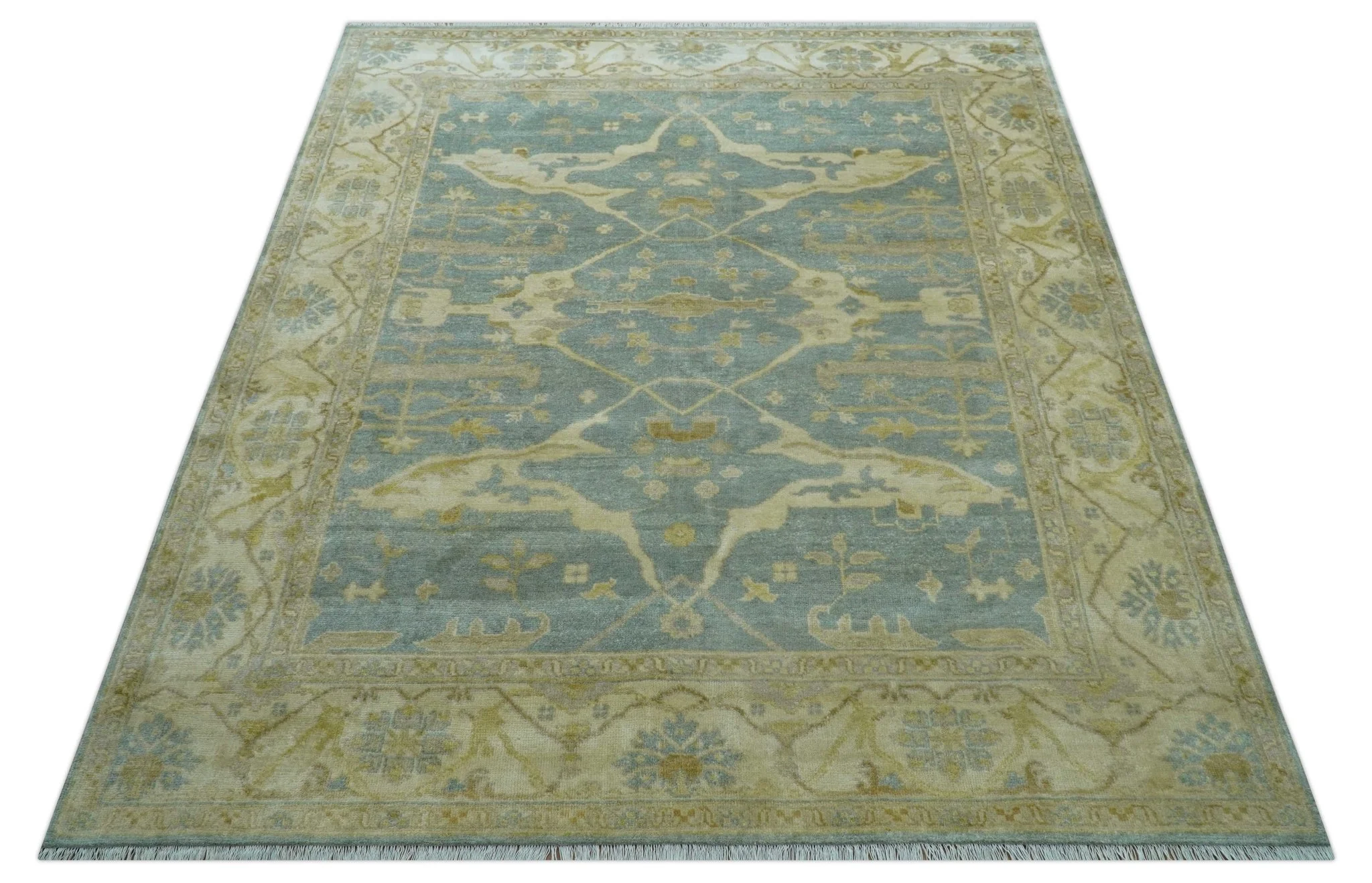 Traditional Oushak Design Blue And Beige Hand Knotted 8x10 Wool Area Rug - Image 11