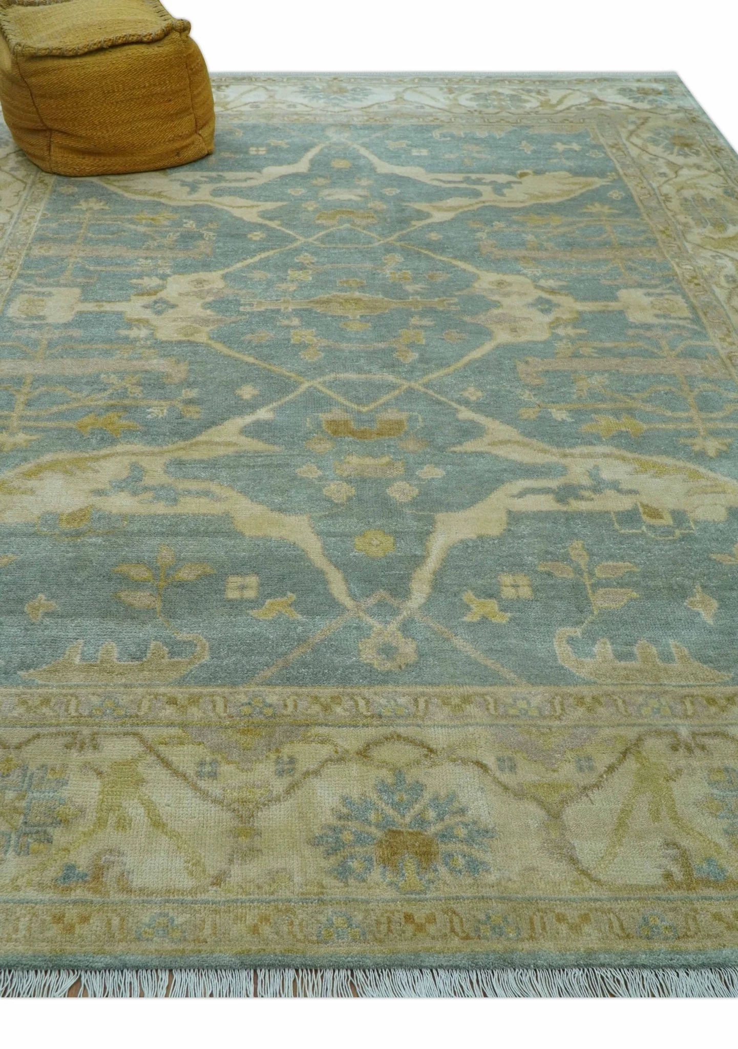 Traditional Oushak Design Blue And Beige Hand Knotted 8x10 Wool Area Rug - Image 9