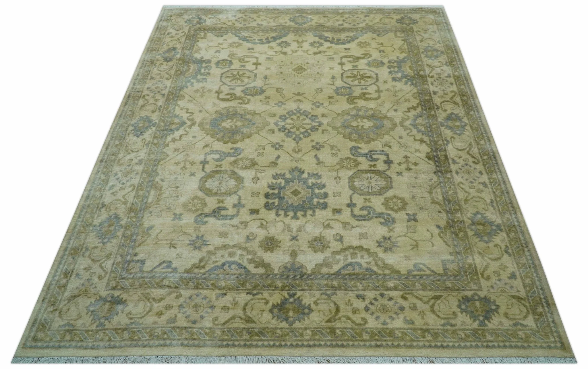Traditional Oushak Design Blue And Beige Hand Knotted 9x12 Wool Area Rug - Image 10