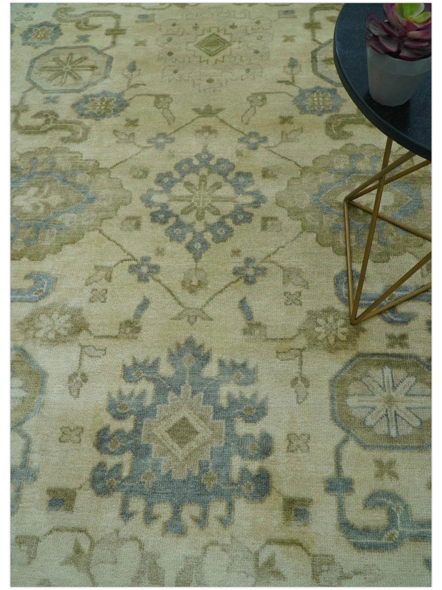 Traditional Oushak Design Blue And Beige Hand Knotted 9x12 Wool Area Rug - Image 3