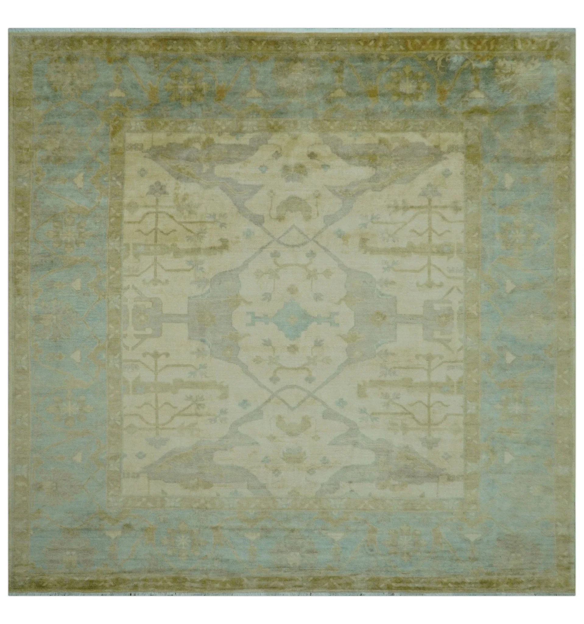 Traditional Oushak Design Blue And Beige Hand Knotted 10x10 Wool Area Rug - Image 10