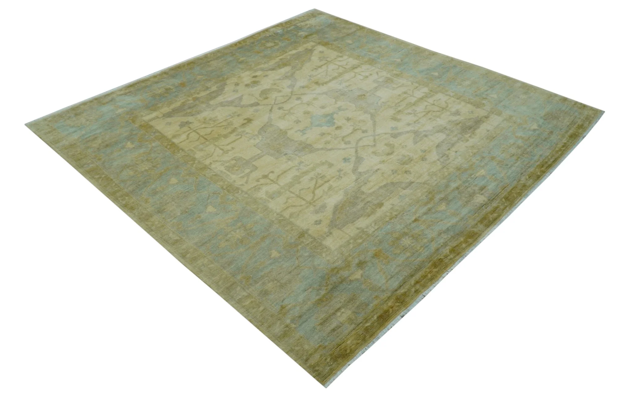 Traditional Oushak Design Blue And Beige Hand Knotted 10x10 Wool Area Rug - Image 11