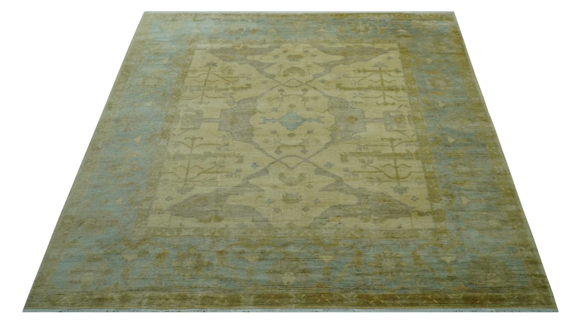 Traditional Oushak Design Blue And Beige Hand Knotted 10x10 Wool Area Rug - Image 12