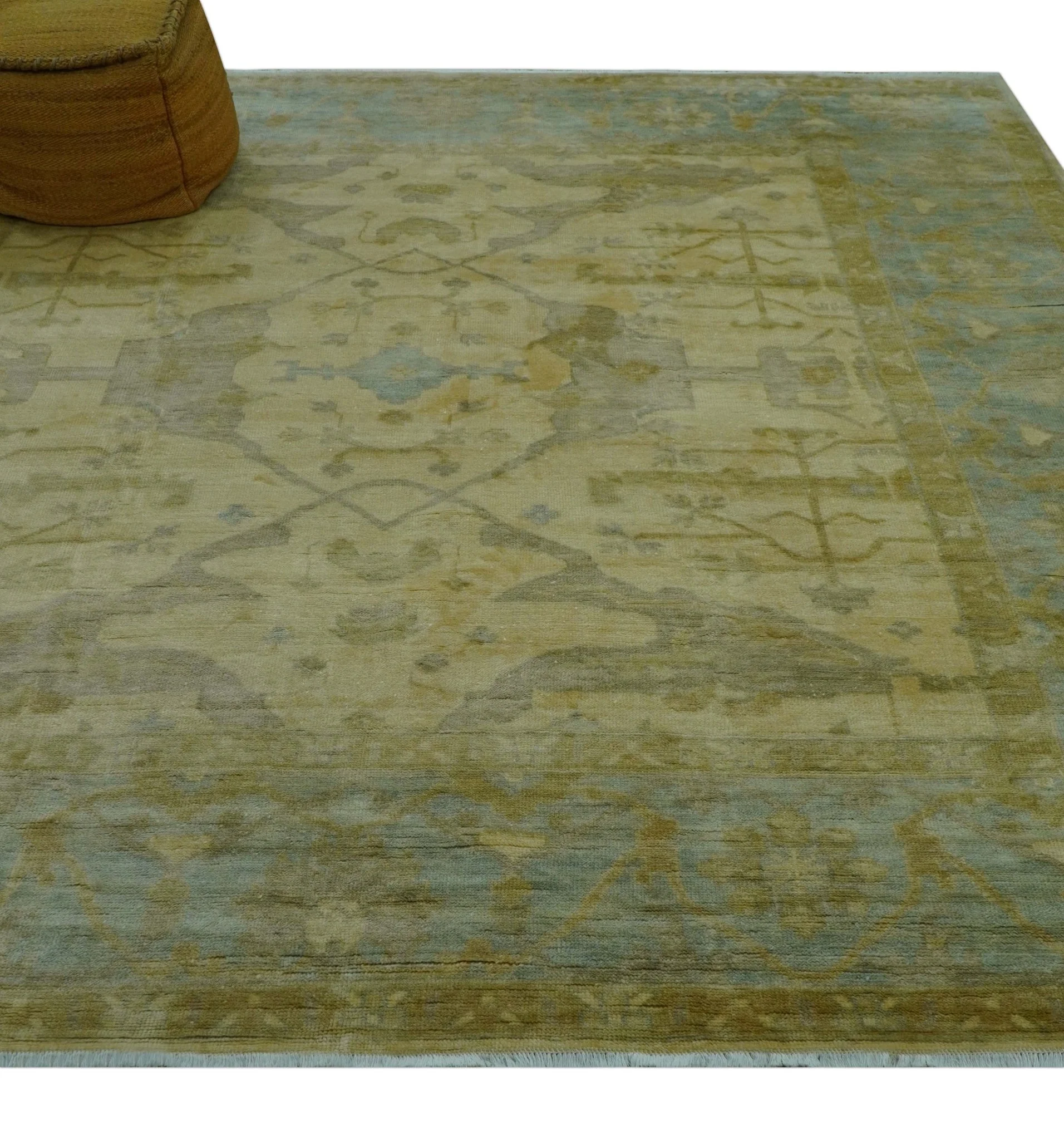 Traditional Oushak Design Blue And Beige Hand Knotted 10x10 Wool Area Rug - Image 4