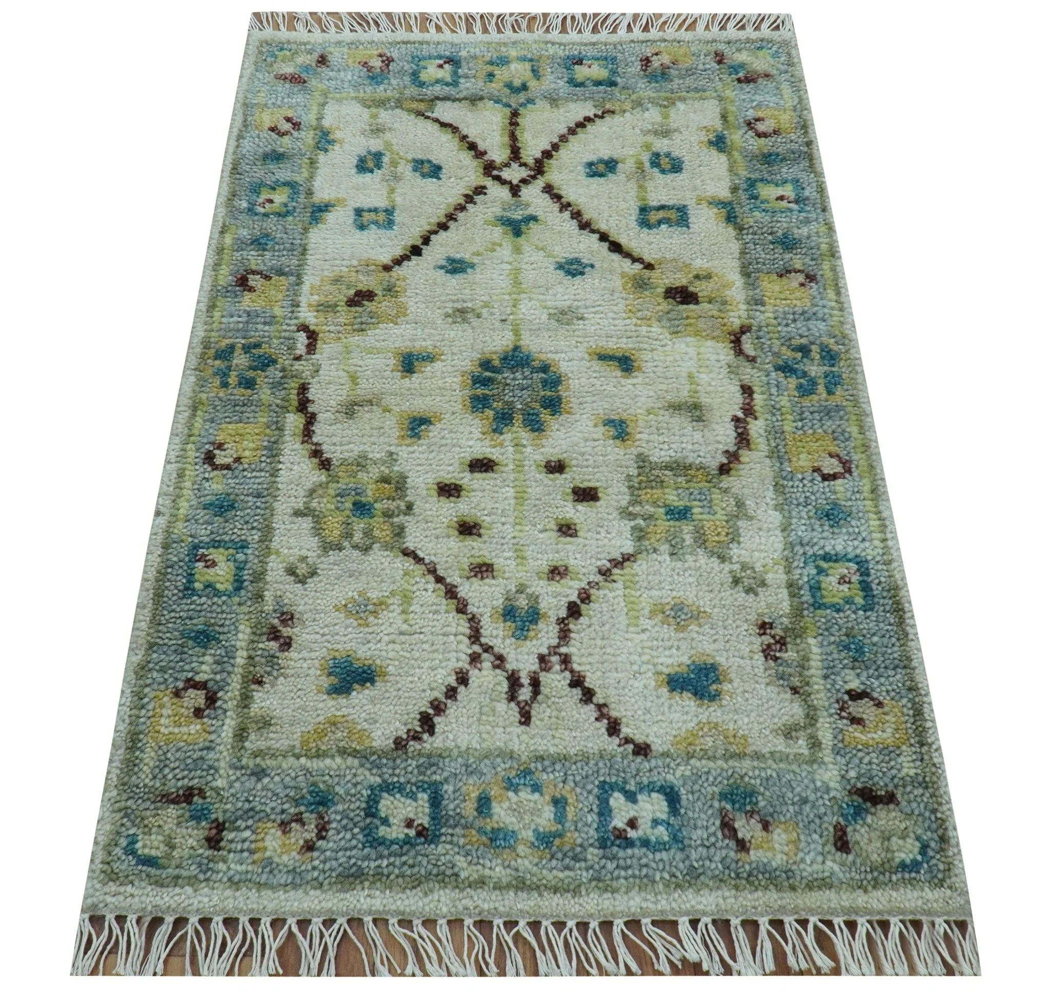 Traditional Oushak Design Blue And Ivory 2x3 Hand knotted Wool Area Rug - Image 4