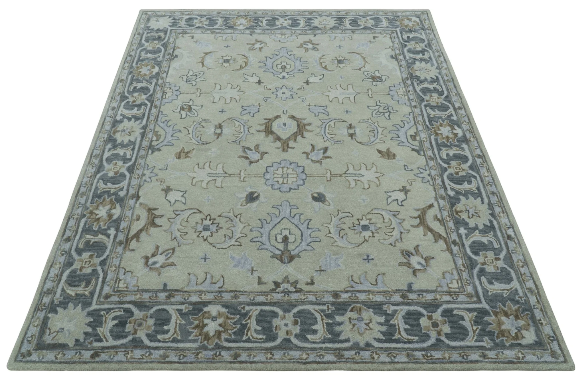 Traditional Oushak Design Beige, Blue And Silver 8x10 Hand Tufted Wool Area Rug - Image 10