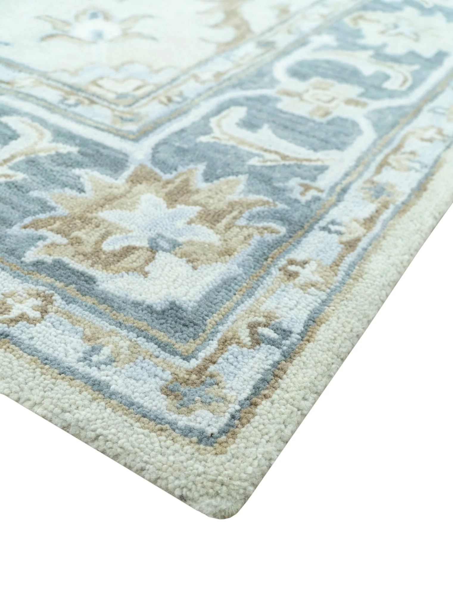 Traditional Oushak Design Beige, Blue And Silver 8x10 Hand Tufted Wool Area Rug - Image 4