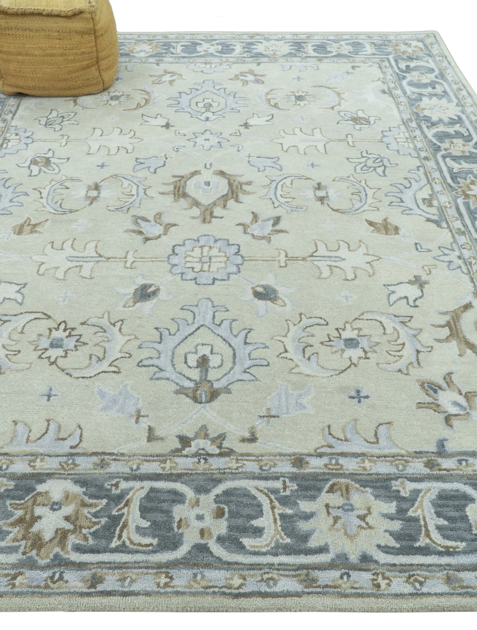 Traditional Oushak Design Beige, Blue And Silver 8x10 Hand Tufted Wool Area Rug - Image 9