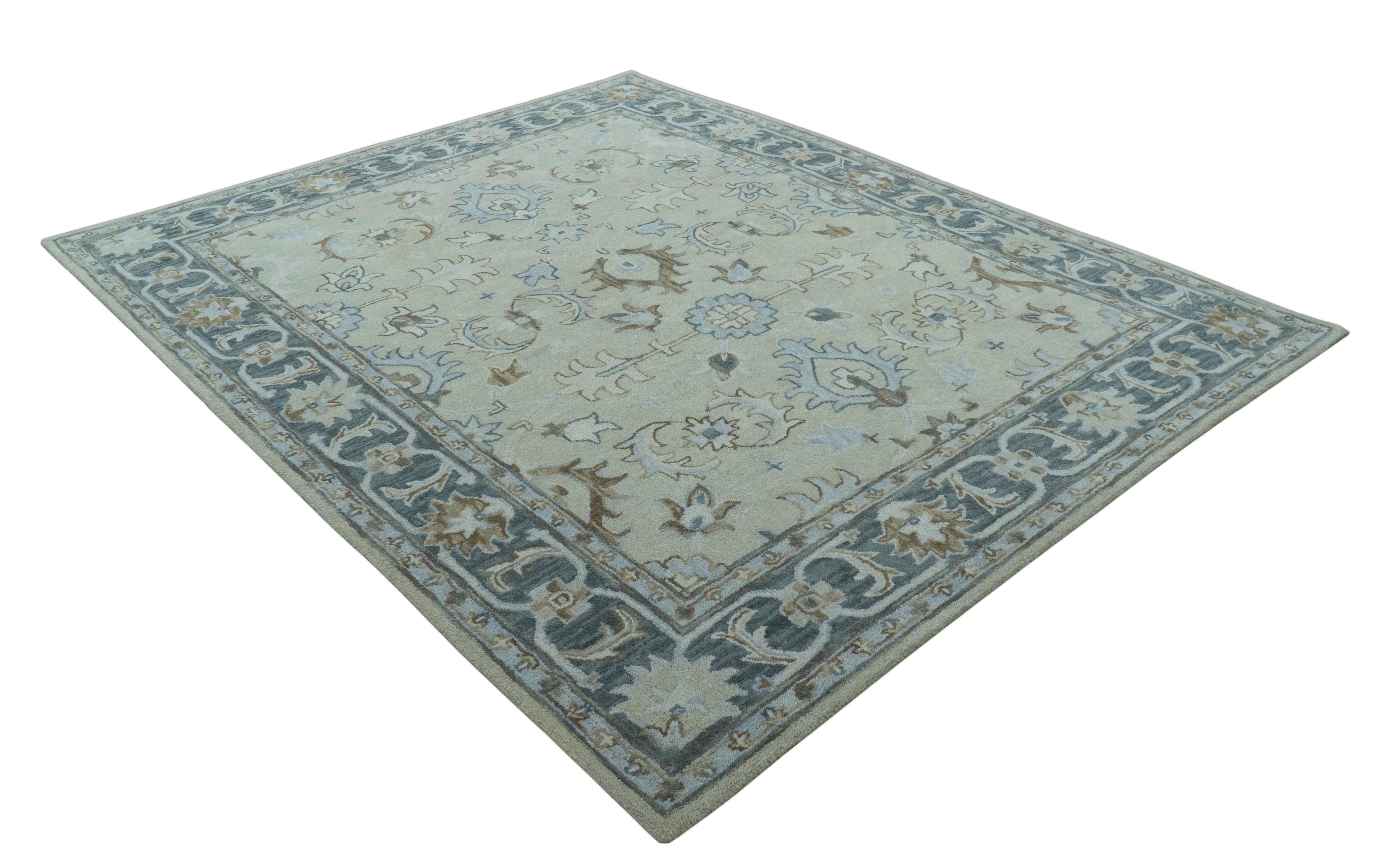 Traditional Oushak Design Beige And Blue Hand Tufted Custom Made Wool Rug - Image 11
