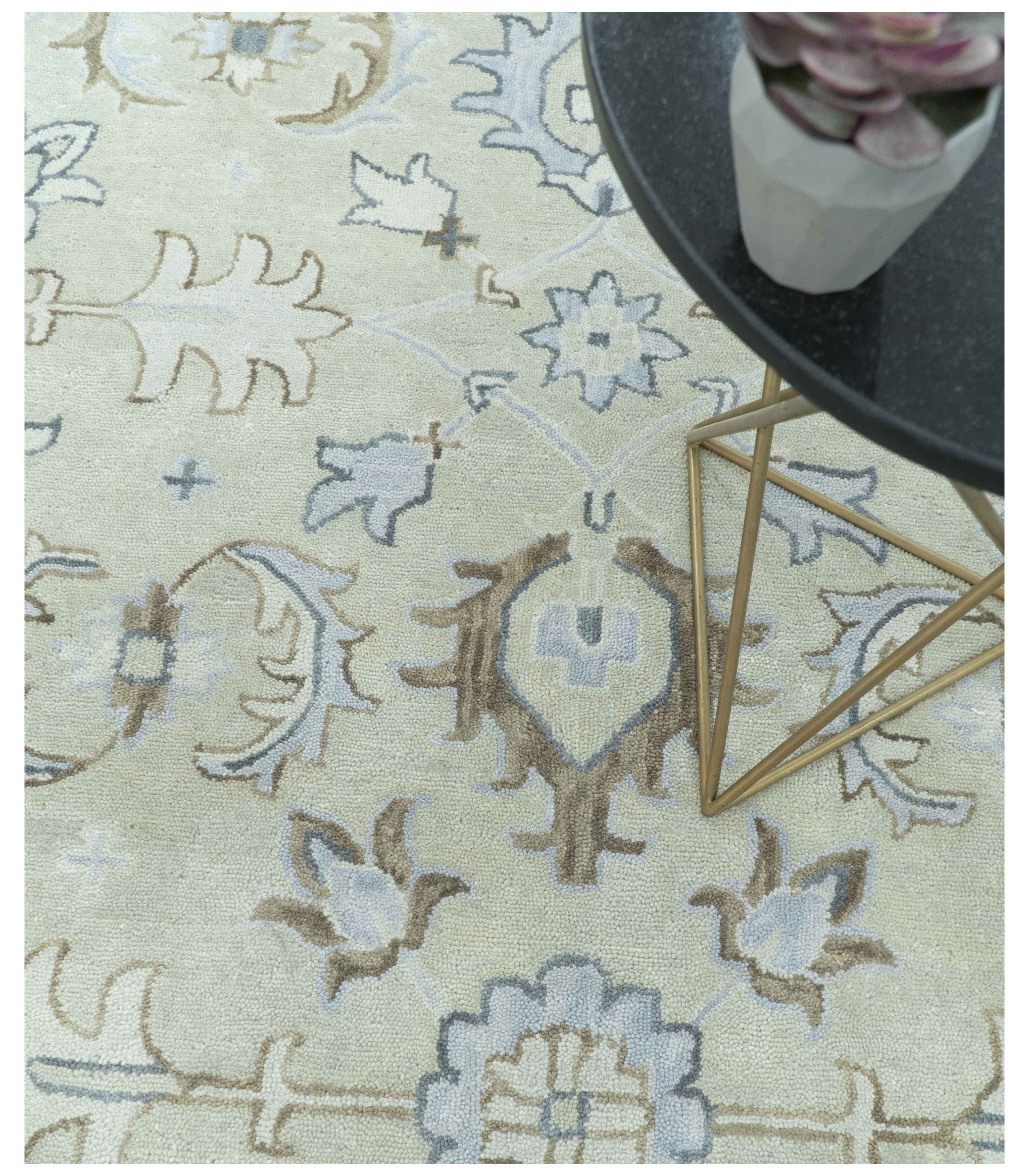Traditional Oushak Design Beige And Blue Hand Tufted Custom Made Wool Rug - Image 3