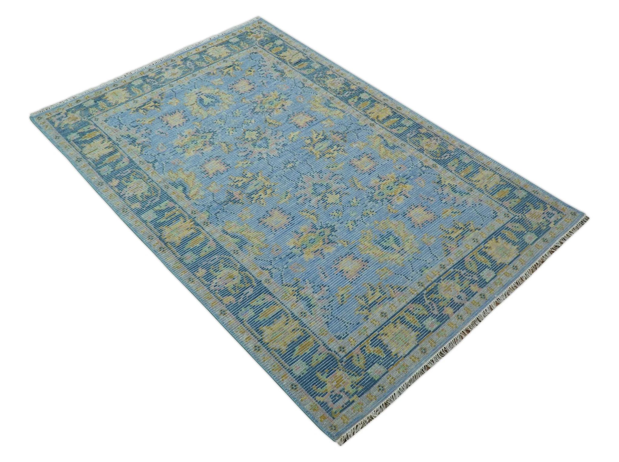 Traditional Oushak Design Blue Hand knotted 6x9 Wool Area Rug - Image 9