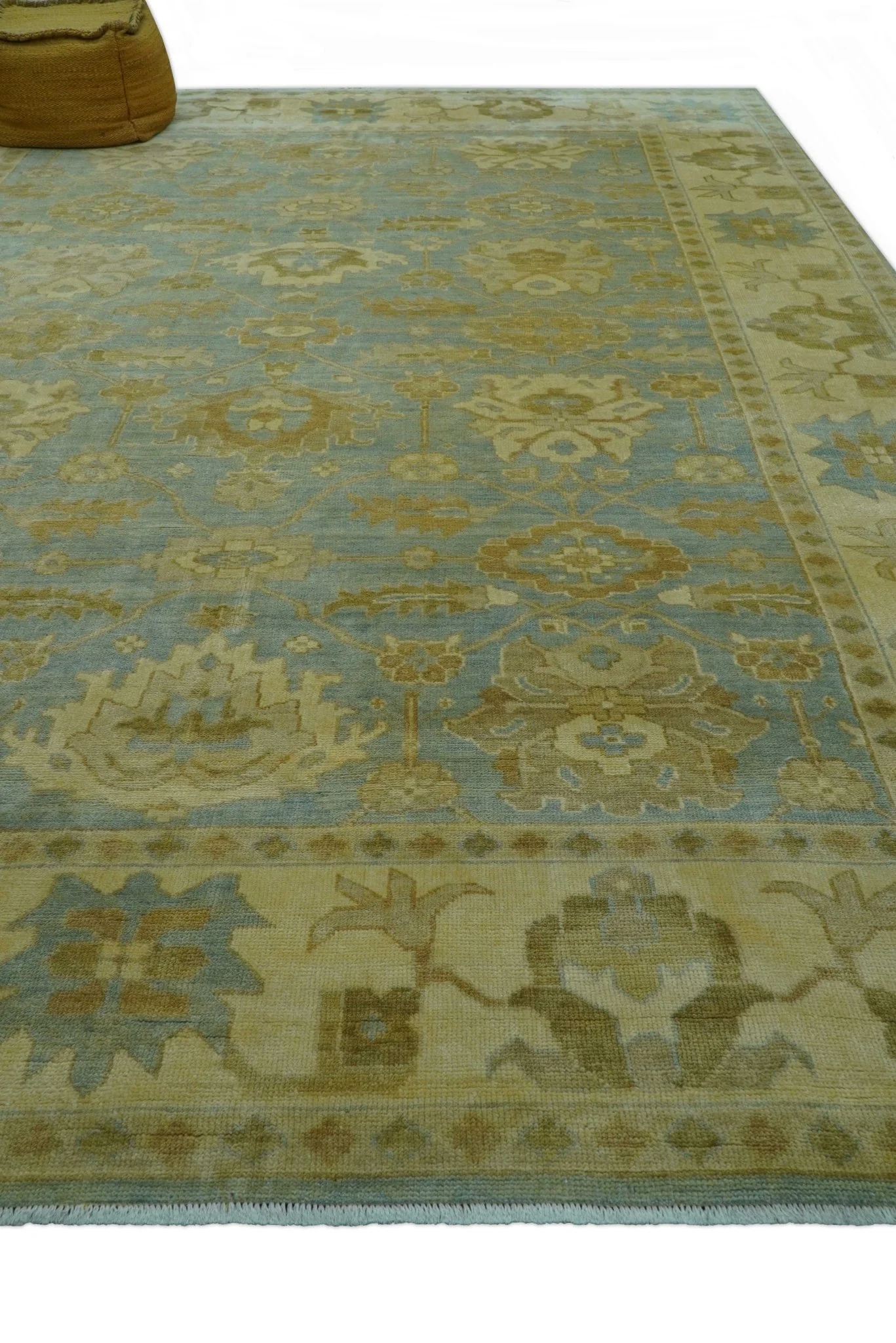 Traditional Oushak Design Beige and Blue Hand Knotted Wool Area Rug - Image 10