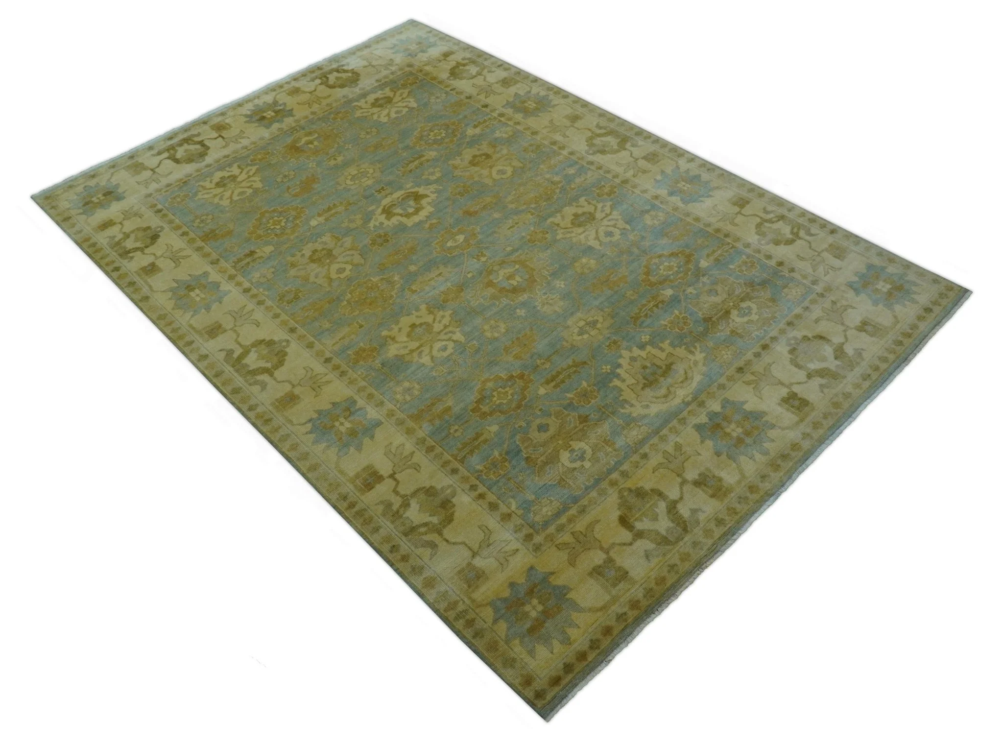 Traditional Oushak Design Beige and Blue Hand Knotted Wool Area Rug - Image 2