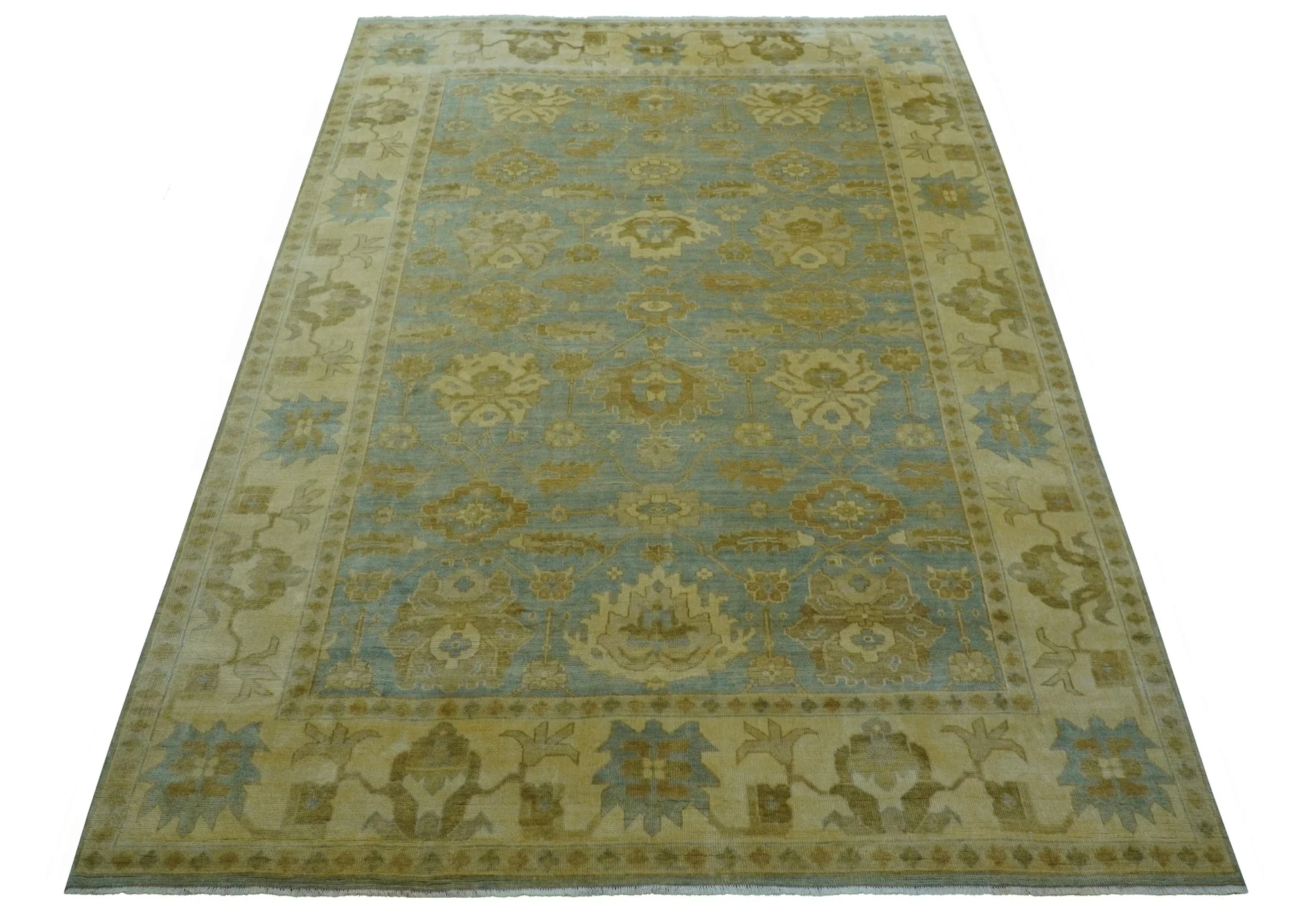 Traditional Oushak Design Beige and Blue Hand Knotted Wool Area Rug - Image 3