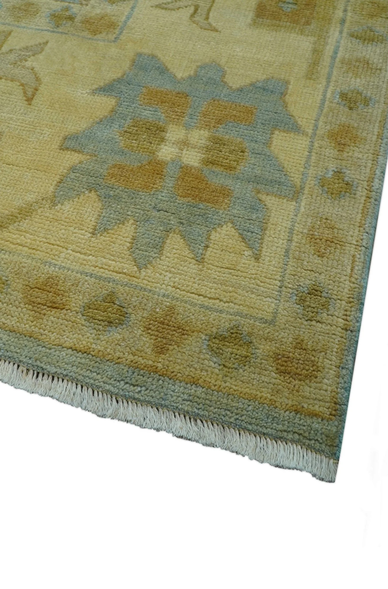 Traditional Oushak Design Beige and Blue Hand Knotted Wool Area Rug - Image 4