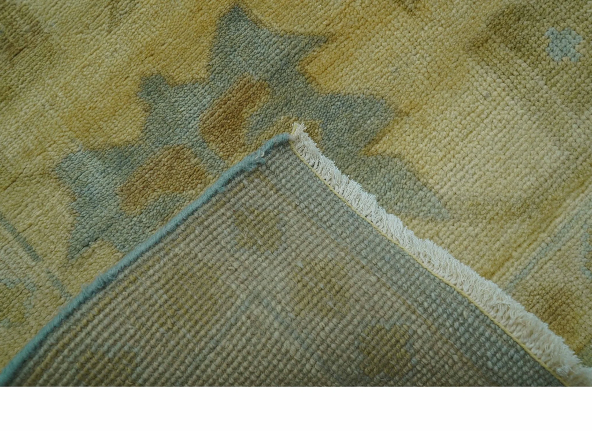 Traditional Oushak Design Beige and Blue Hand Knotted Wool Area Rug - Image 5
