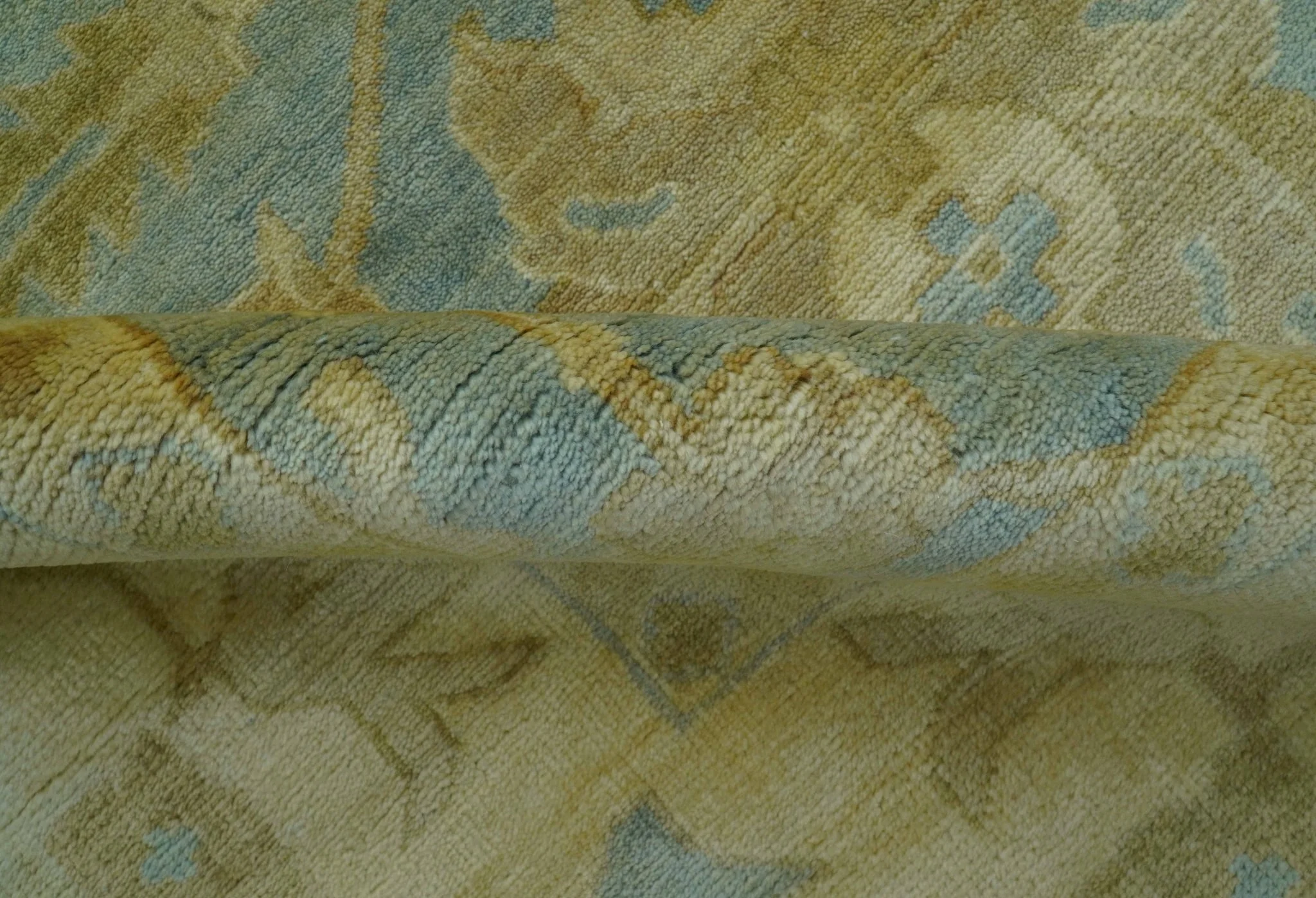 Traditional Oushak Design Beige and Blue Hand Knotted Wool Area Rug - Image 8