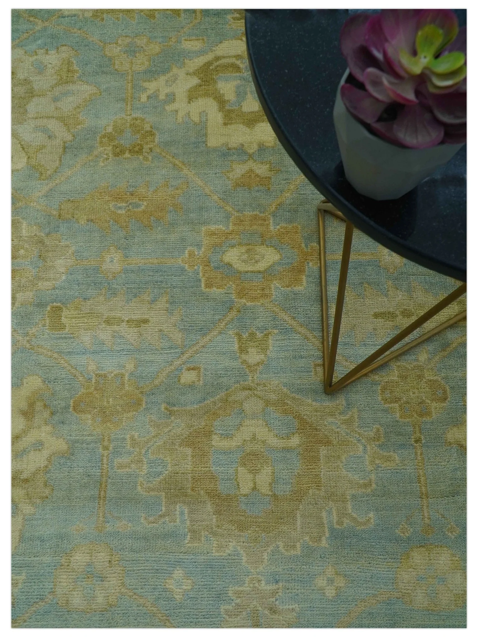 Traditional Oushak Design Beige and Blue Hand Knotted Wool Area Rug - Image 9