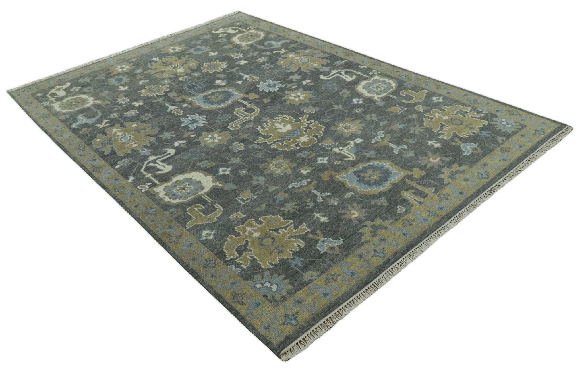 Traditional Oushak Design Charcoal And Camel Hand Knotted Custom Made Wool rug - Image 10