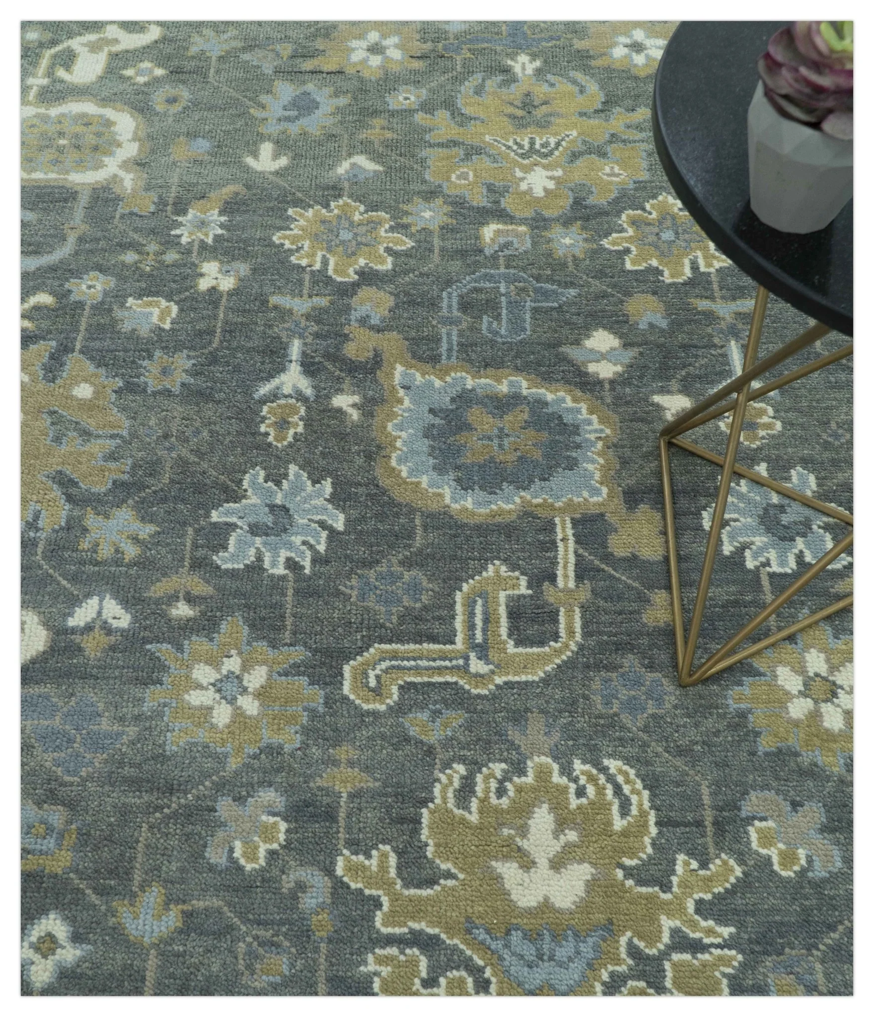 Traditional Oushak Design Charcoal And Camel Hand Knotted Custom Made Wool rug - Image 3