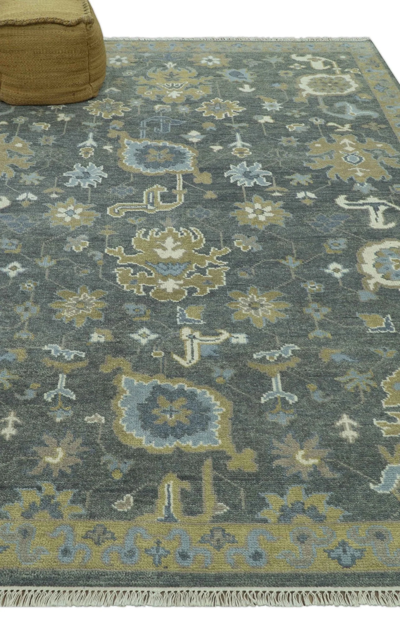 Traditional Oushak Design Charcoal And Camel Hand Knotted Custom Made Wool rug - Image 4
