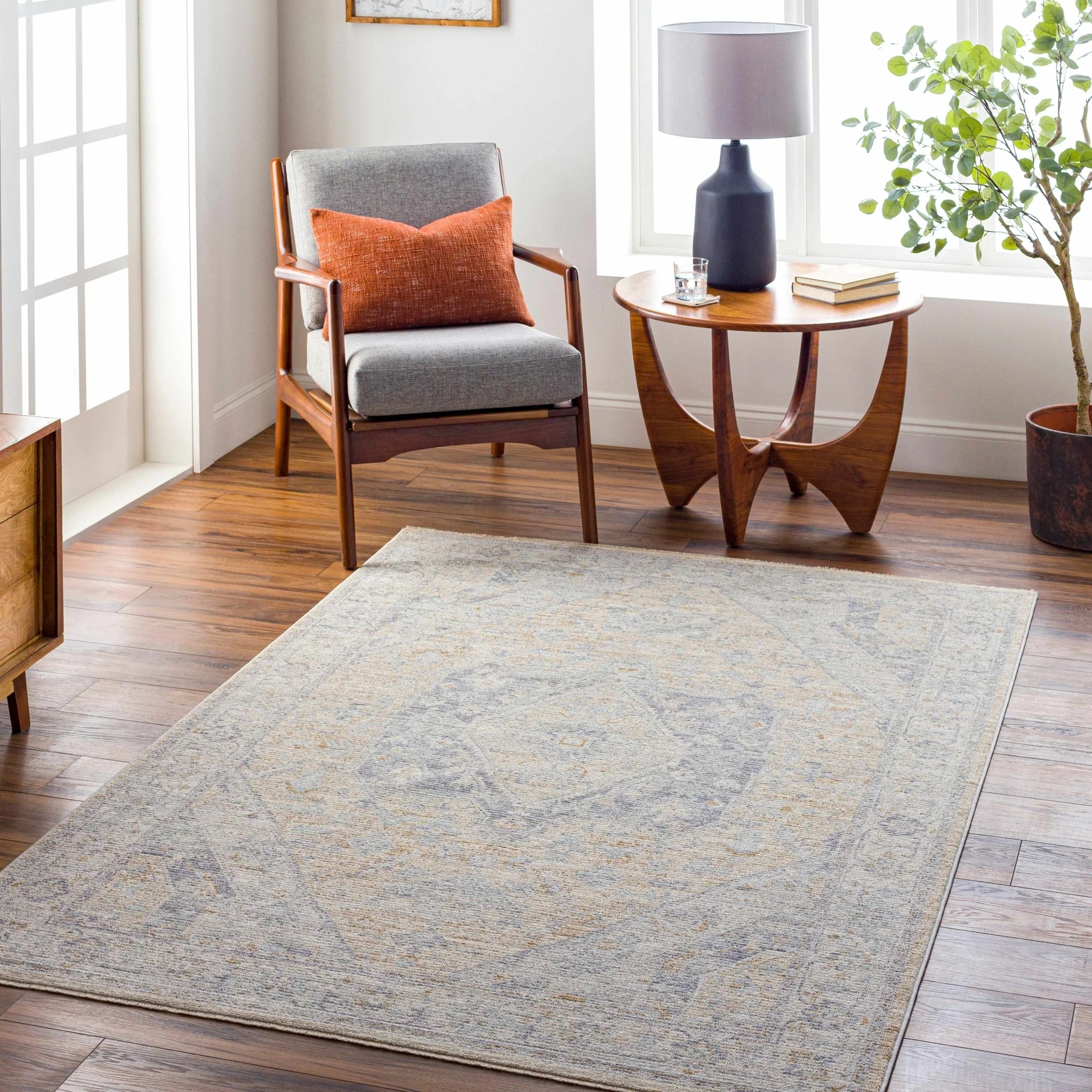 Traditional Oushak Design Brown Machine Woven Rug - Image 3
