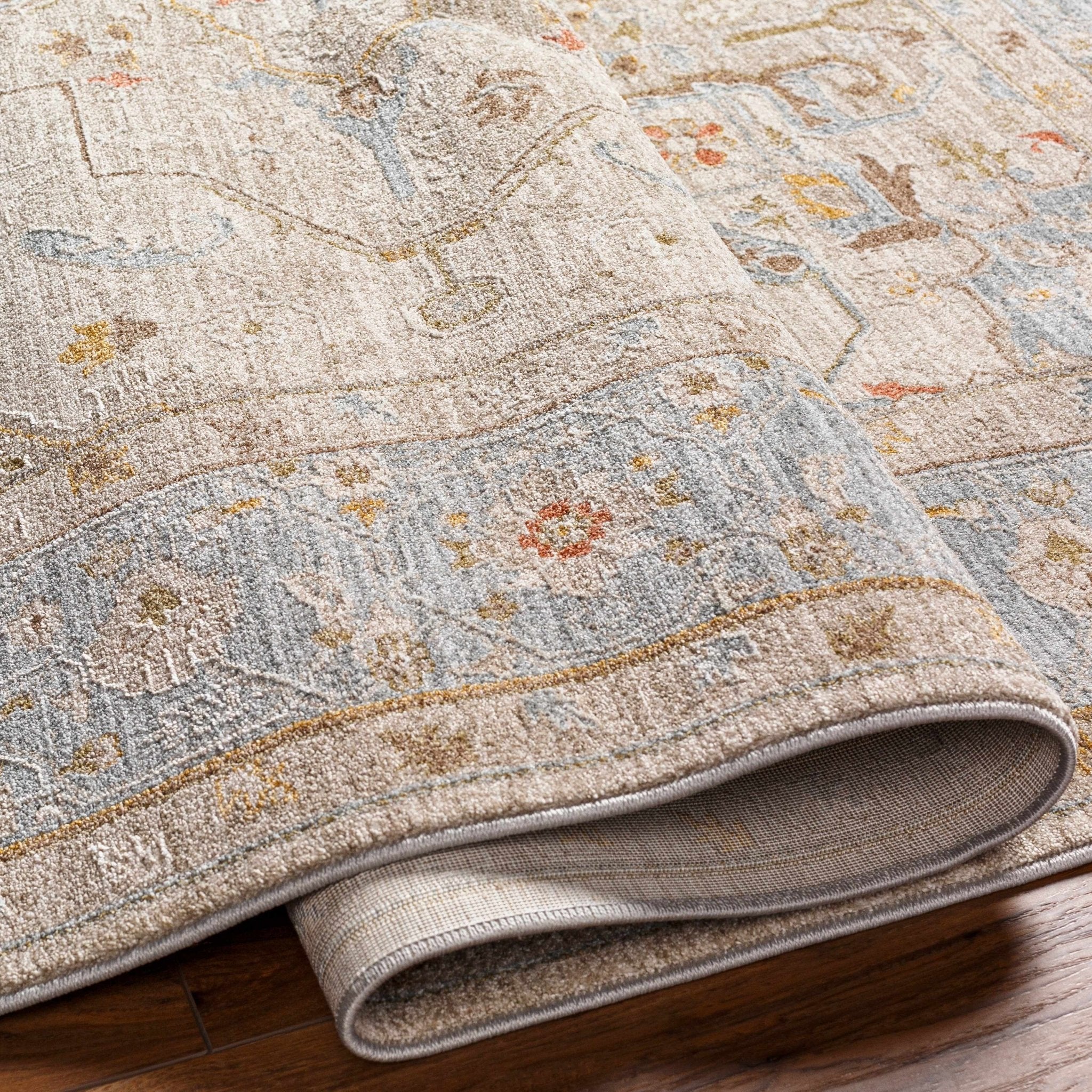 Traditional Oushak Design Brown Machine Woven Rug - Image 6