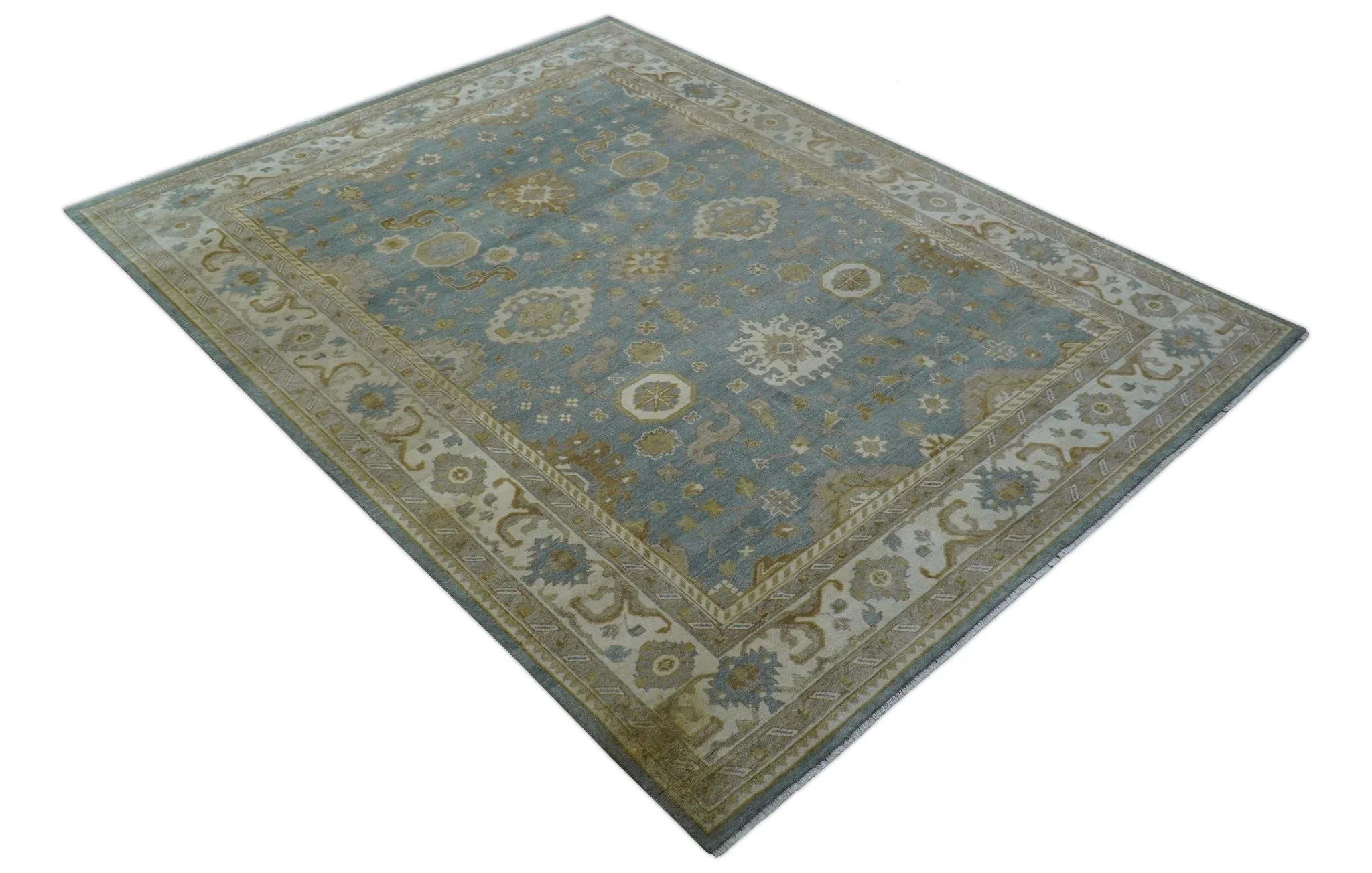 Traditional Oushak Design Blue And Beige 10x14 Hand Knotted Wool Rug - Image 10