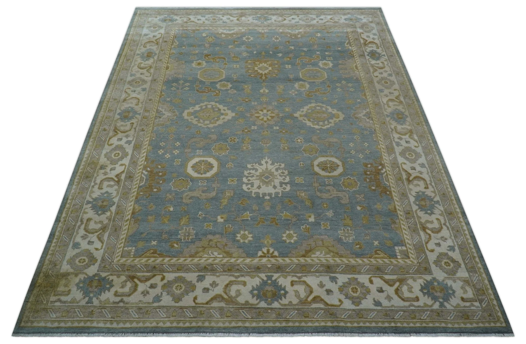 Traditional Oushak Design Blue And Beige 10x14 Hand Knotted Wool Rug - Image 11