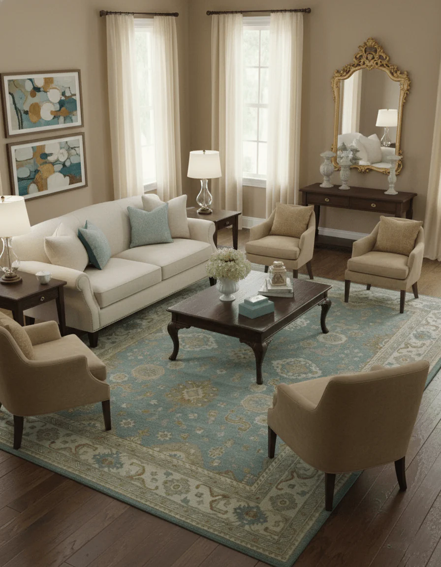 Traditional Oushak Design Blue And Beige 10x14 Hand Knotted Wool Rug - Image 2