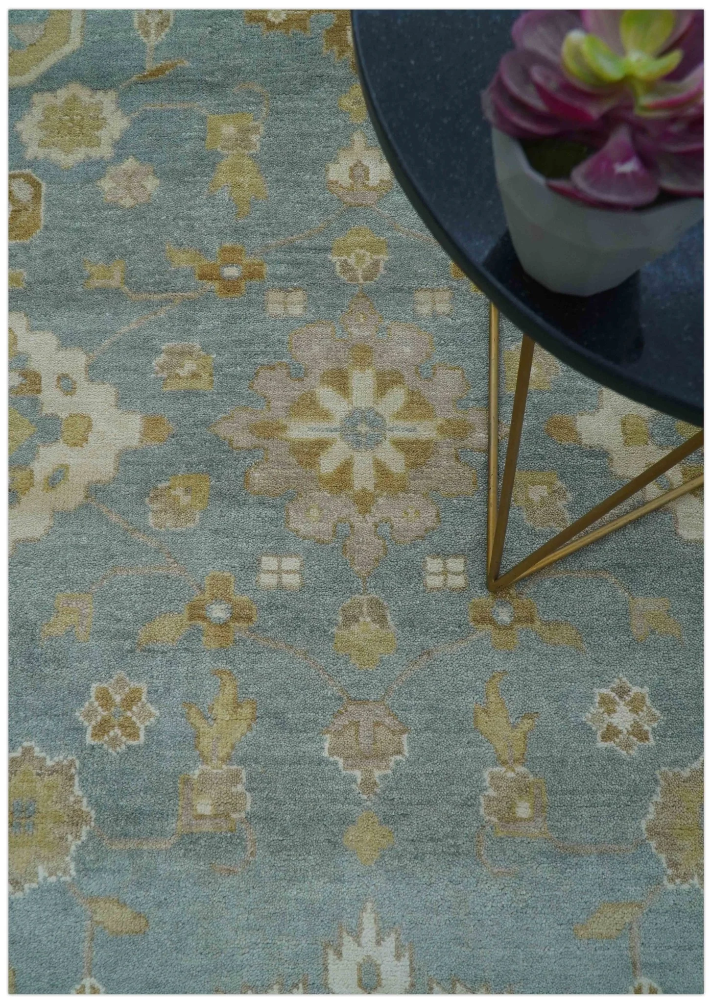 Traditional Oushak Design Blue And Beige 10x14 Hand Knotted Wool Rug - Image 3