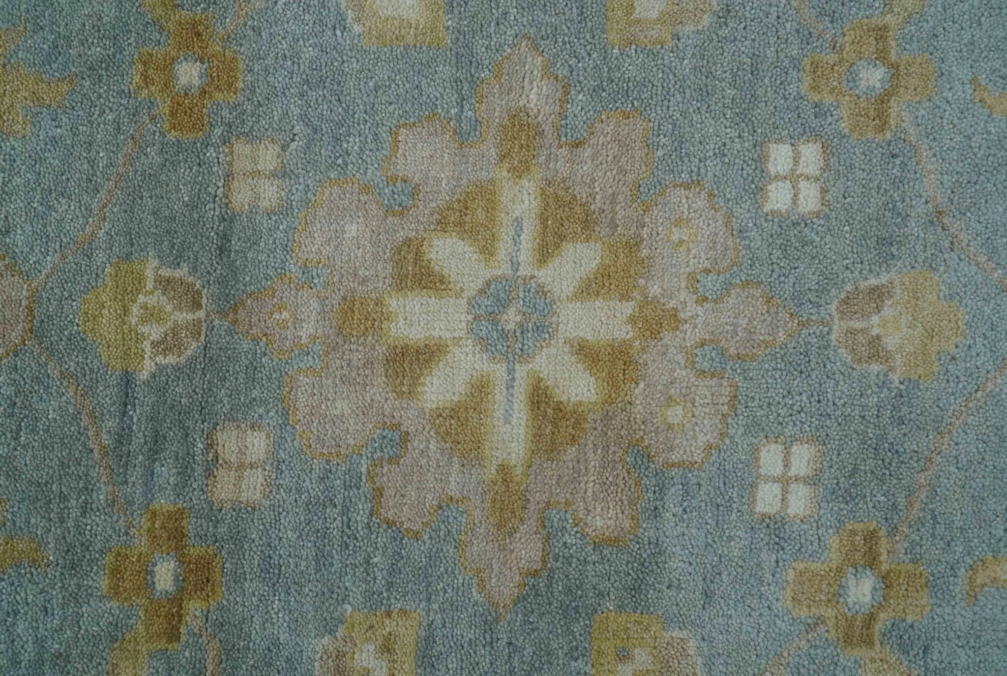 Traditional Oushak Design Blue And Beige 10x14 Hand Knotted Wool Rug - Image 4