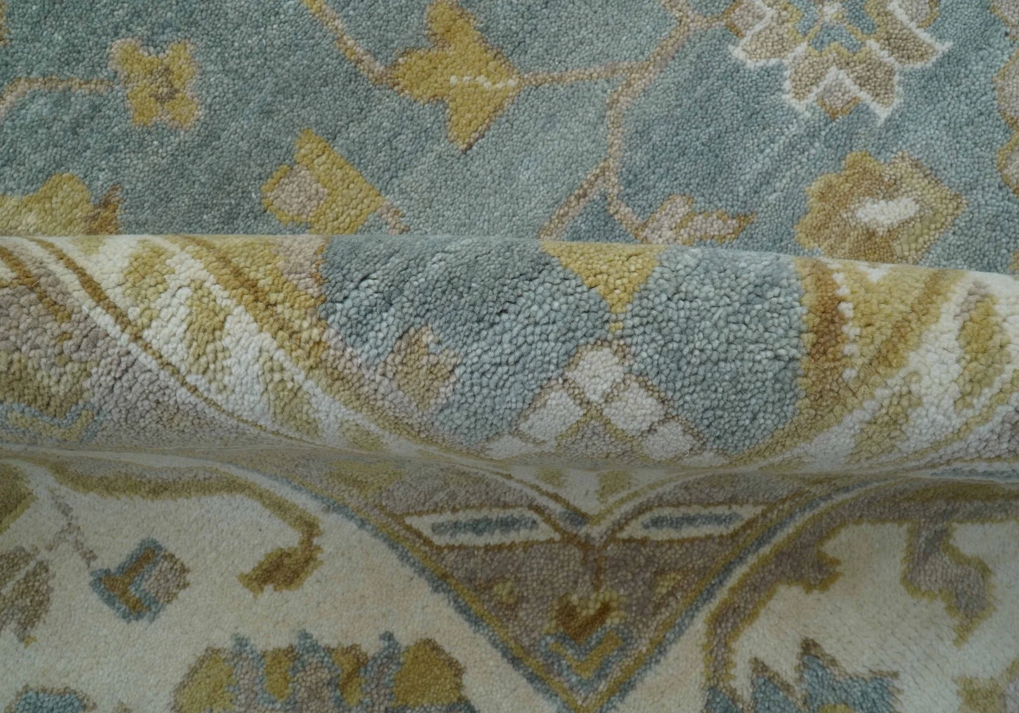 Traditional Oushak Design Blue And Beige 10x14 Hand Knotted Wool Rug - Image 5